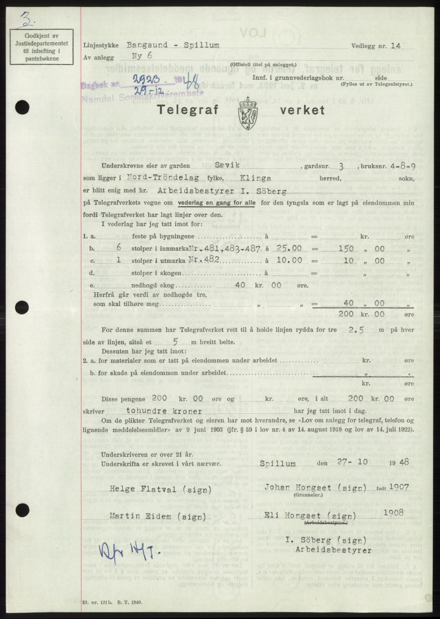 Namdal sorenskriveri, AV/SAT-A-4133/1/2/2C: Mortgage book no. -, 1948-1948, Diary no: : 2923/1948