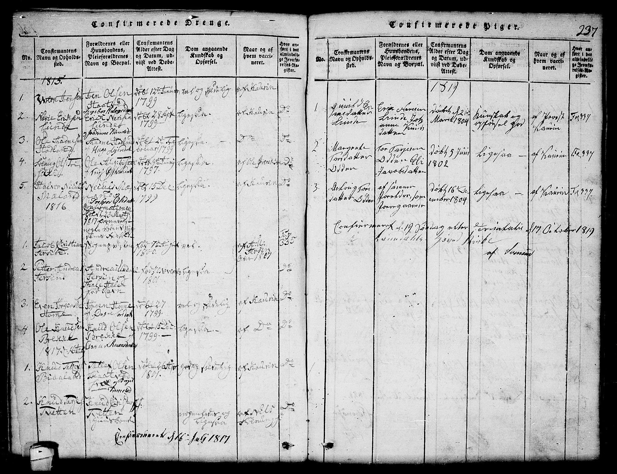 Lårdal kirkebøker, SAKO/A-284/G/Ga/L0001: Parish register (copy) no. I 1, 1815-1861, p. 237