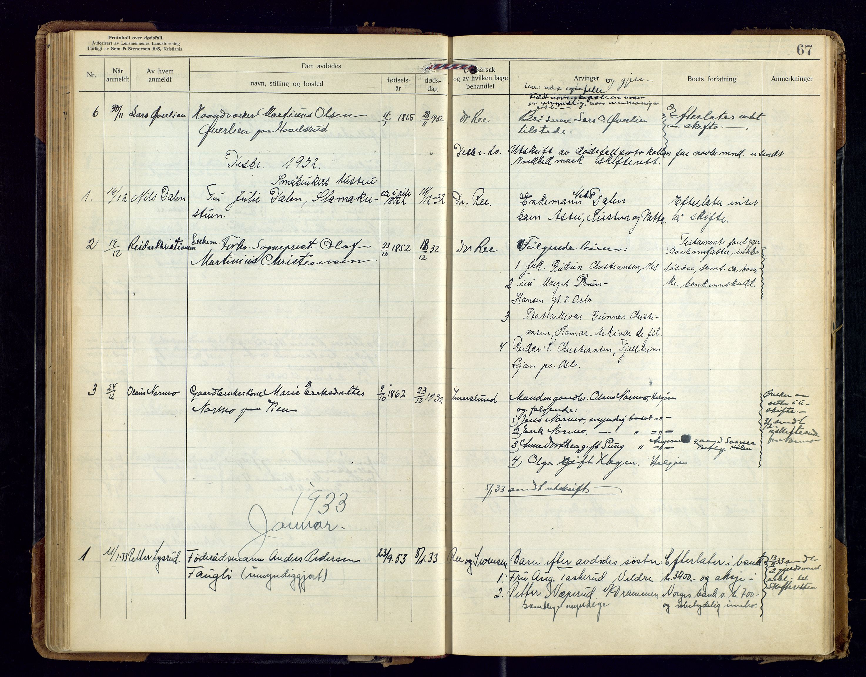 Nes, Hedmark, lensmannskontor, SAH/LHB-008/H/Ha/L0001: Dødsfallsprotokoll, 1923-1948, p. 67