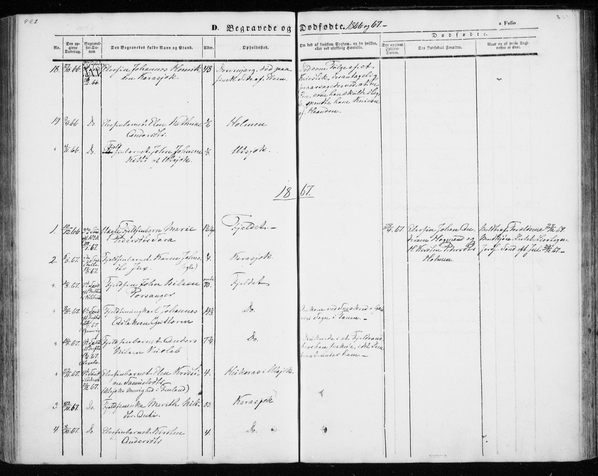 Kistrand/Porsanger sokneprestembete, SATØ/S-1351/H/Ha/L0012.kirke: Parish register (official) no. 12, 1843-1871, p. 422-423