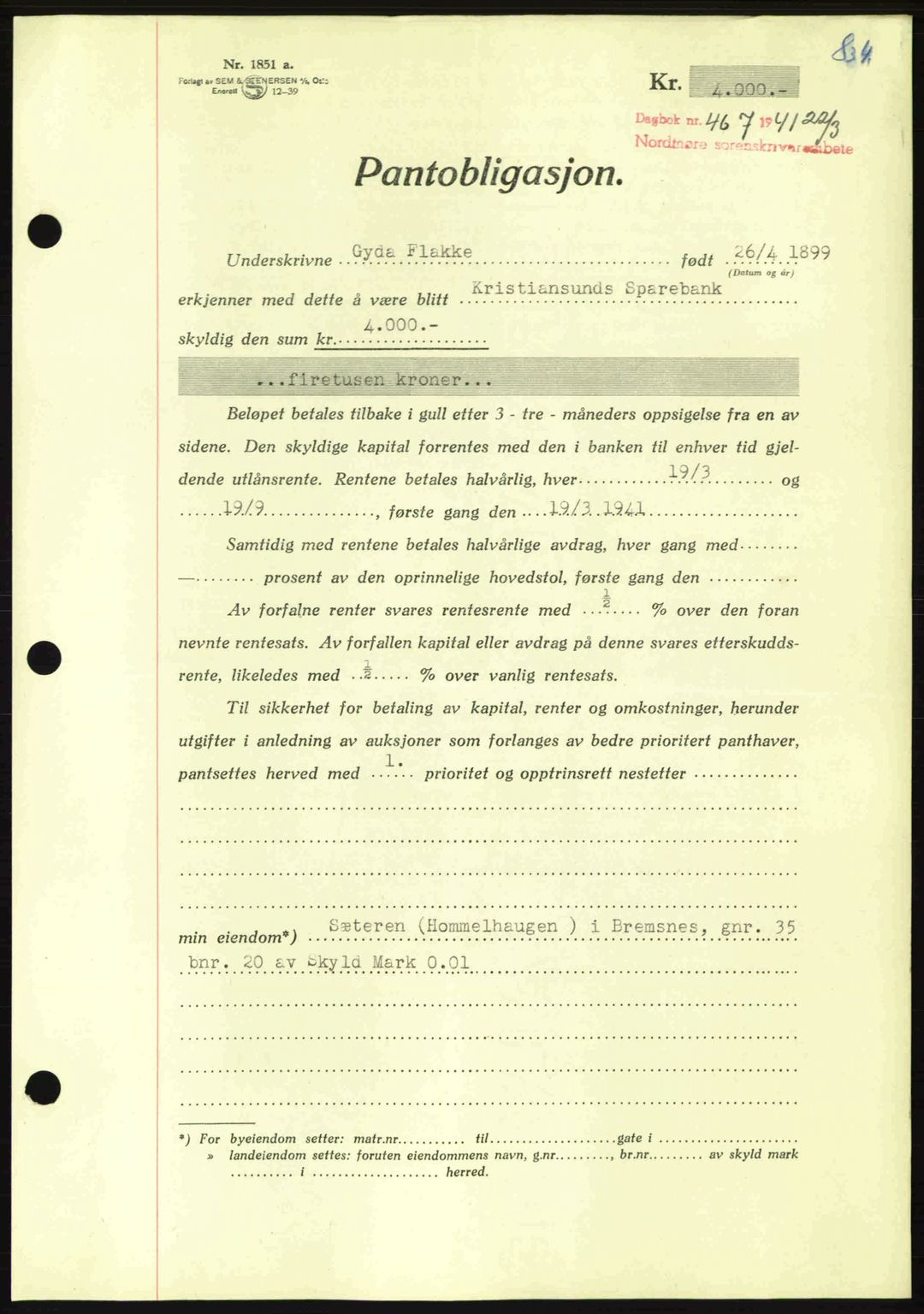 Nordmøre sorenskriveri, AV/SAT-A-4132/1/2/2Ca: Mortgage book no. B87, 1940-1941, Diary no: : 467/1941