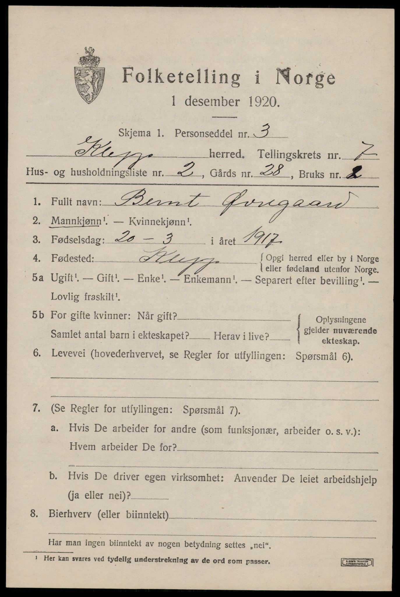 SAST, 1920 census for Klepp, 1920, p. 6588