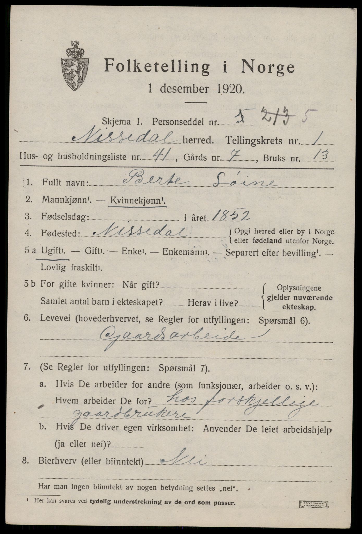 SAKO, 1920 census for Nissedal, 1920, p. 1259