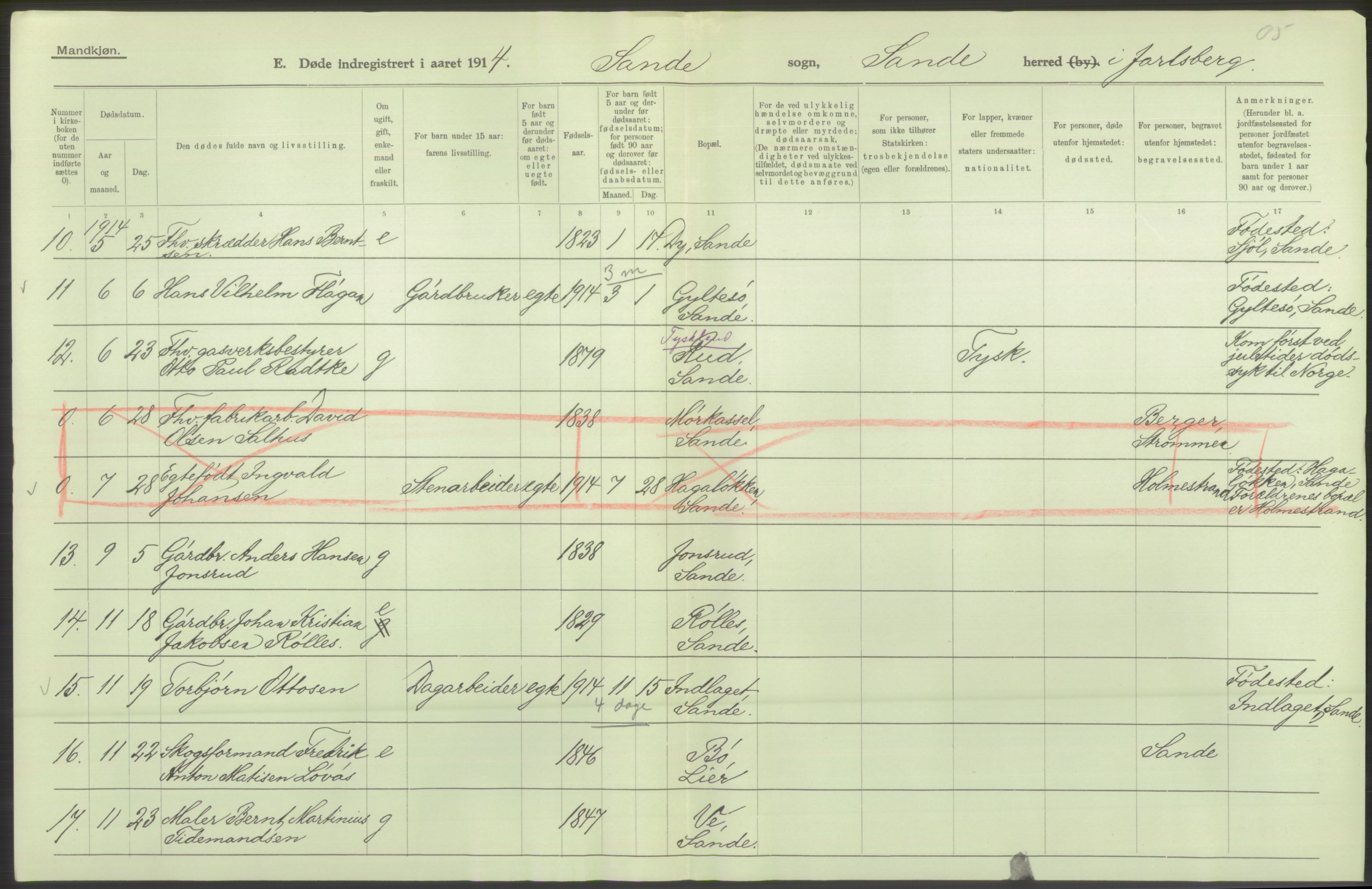 Statistisk sentralbyrå, Sosiodemografiske emner, Befolkning, AV/RA-S-2228/D/Df/Dfb/Dfbd/L0018: Jarlsberg og Larviks amt: Gifte, døde, dødfødte. Bygder og byer., 1914, p. 314