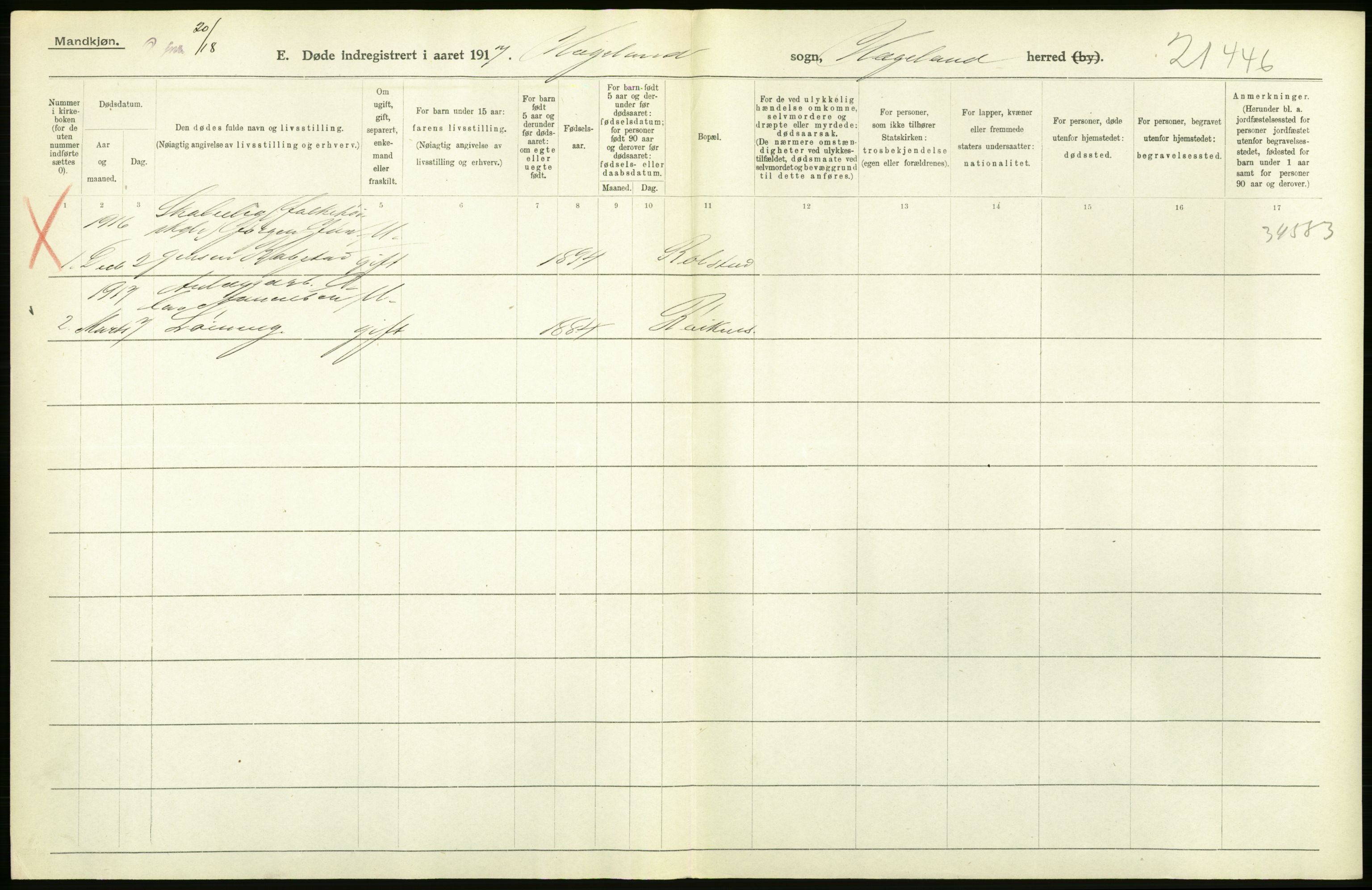 Statistisk sentralbyrå, Sosiodemografiske emner, Befolkning, AV/RA-S-2228/D/Df/Dfb/Dfbg/L0030: Lister og Mandals amt: Gifte, døde, dødfødte. Bygder og byer., 1917, p. 20