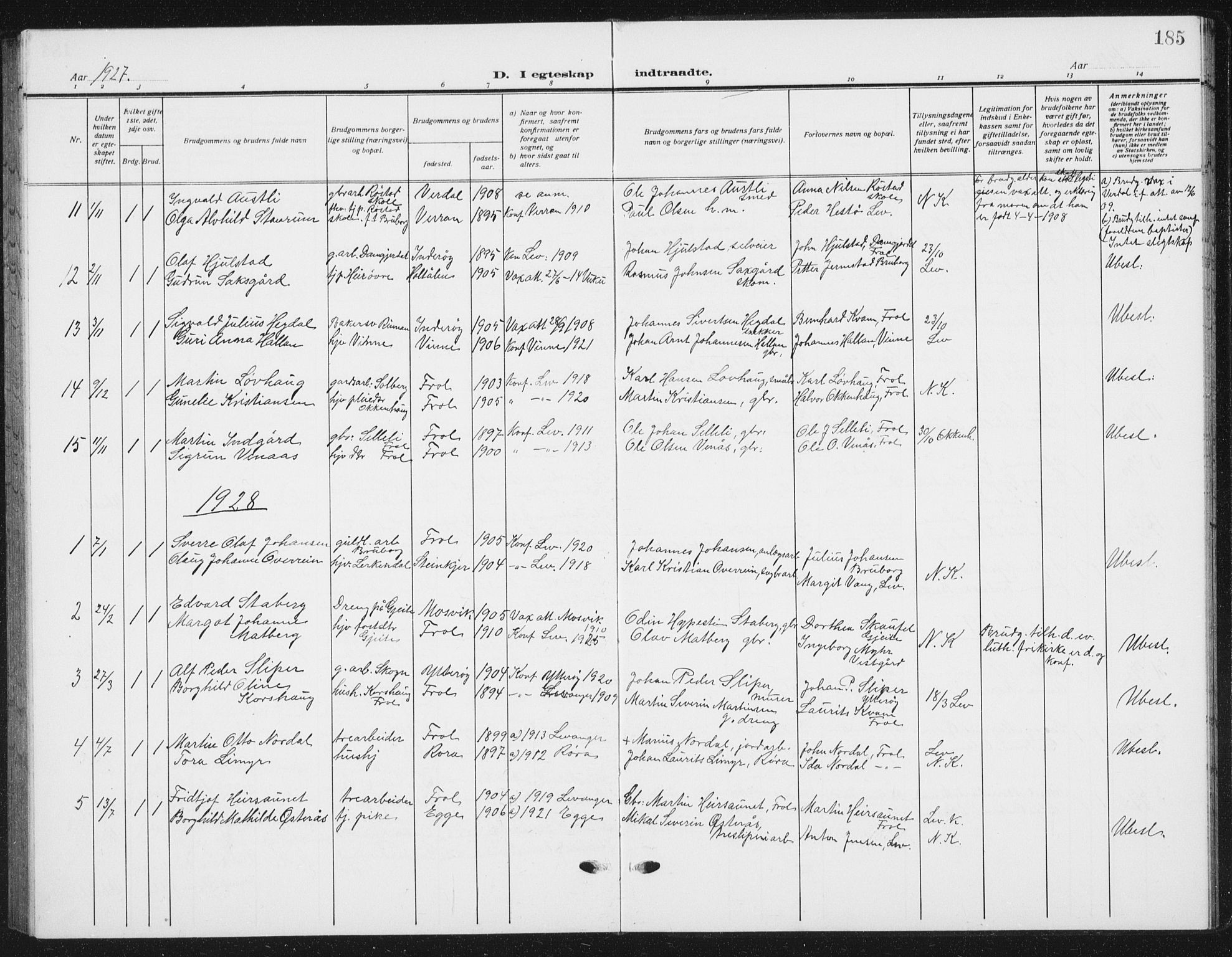 Ministerialprotokoller, klokkerbøker og fødselsregistre - Nord-Trøndelag, SAT/A-1458/721/L0209: Parish register (copy) no. 721C02, 1918-1940, p. 185