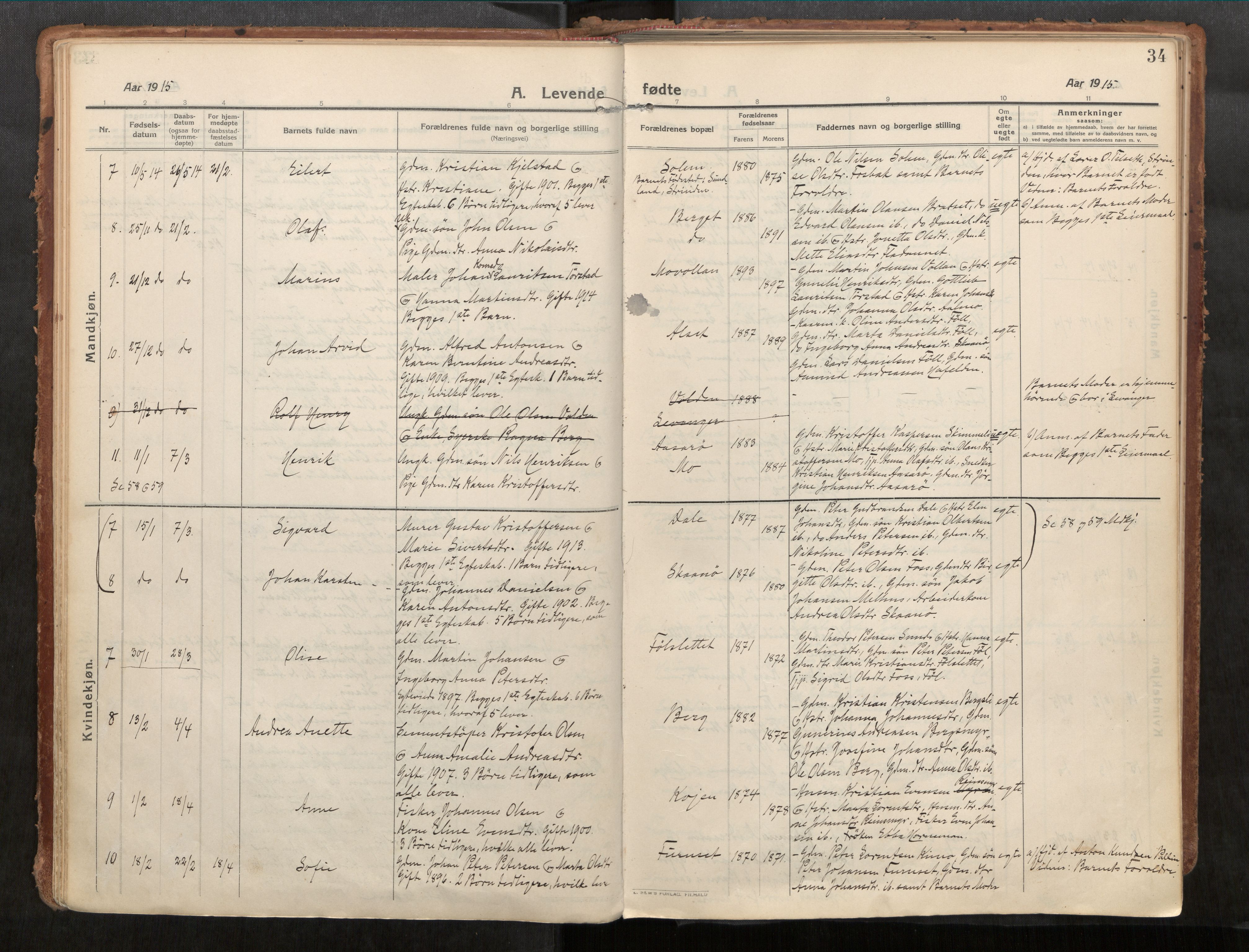 Stadsbygd sokneprestkontor, SAT/A-1117/1/I/I1/I1a/L0001: Parish register (official) no. 1, 1911-1929, p. 34