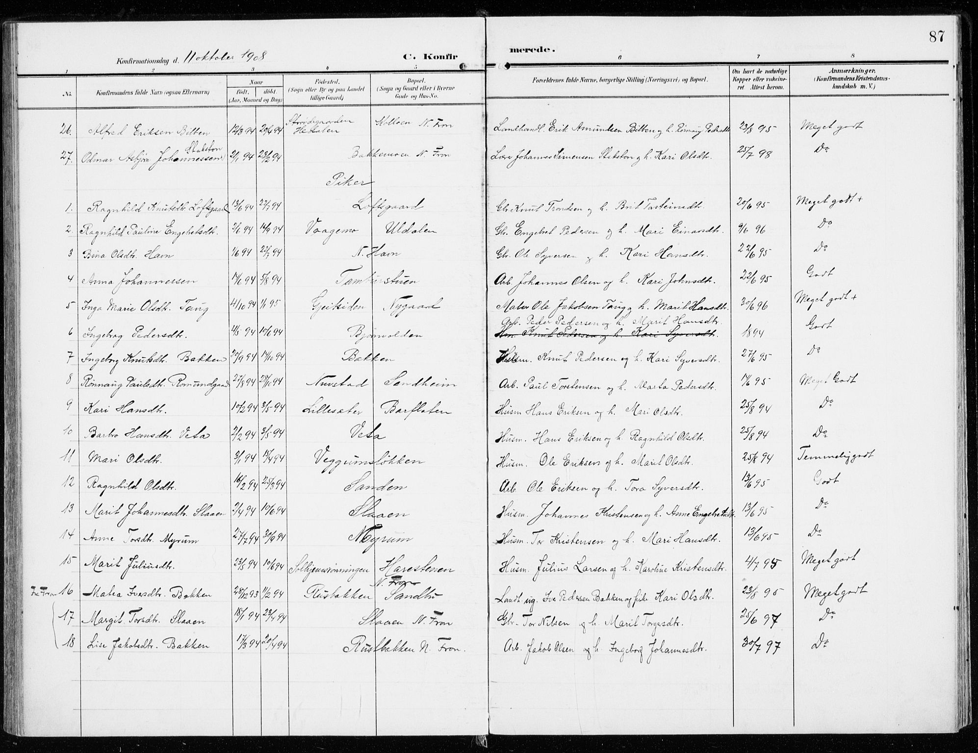 Sel prestekontor, AV/SAH-PREST-074/H/Ha/Haa/L0002: Parish register (official) no. 2, 1905-1919, p. 87