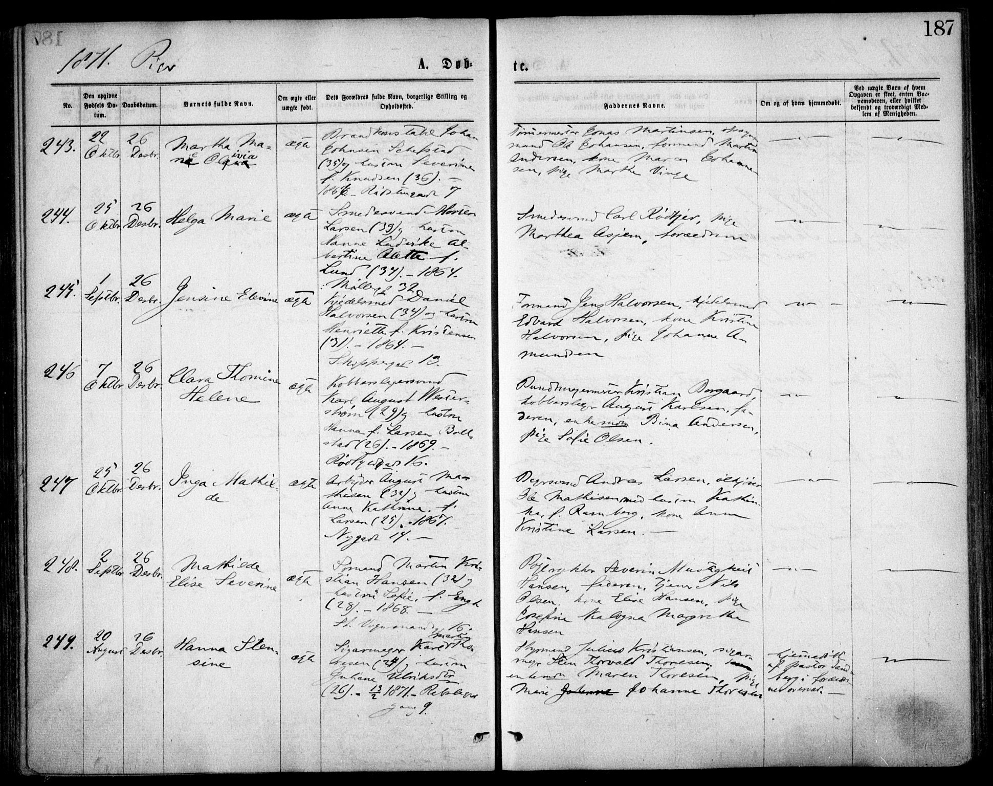Oslo domkirke Kirkebøker, SAO/A-10752/F/Fa/L0017: Parish register (official) no. 17, 1869-1878, p. 187