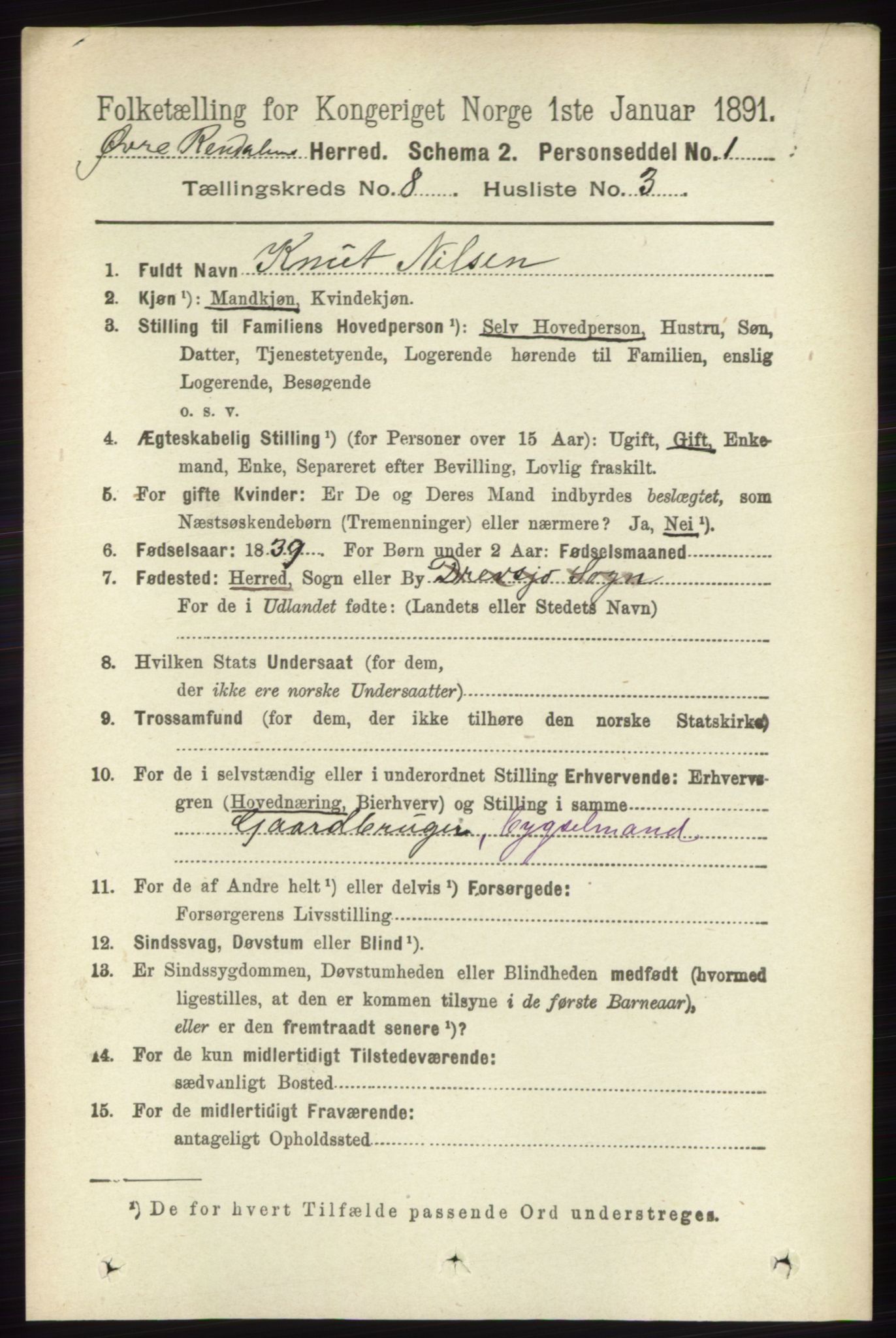 RA, 1891 census for 0433 Øvre Rendal, 1891, p. 2008