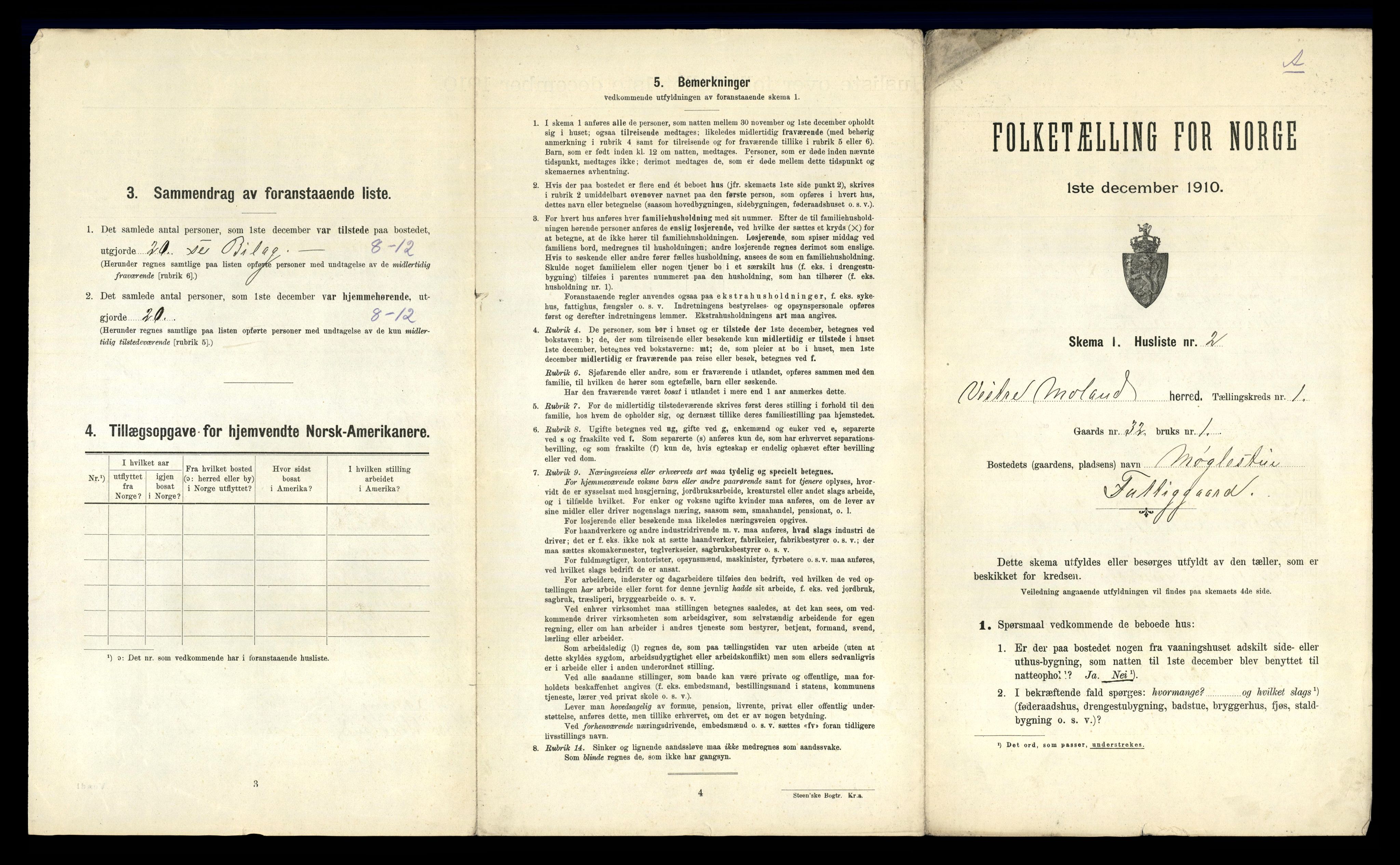 RA, 1910 census for Vestre Moland, 1910, p. 42