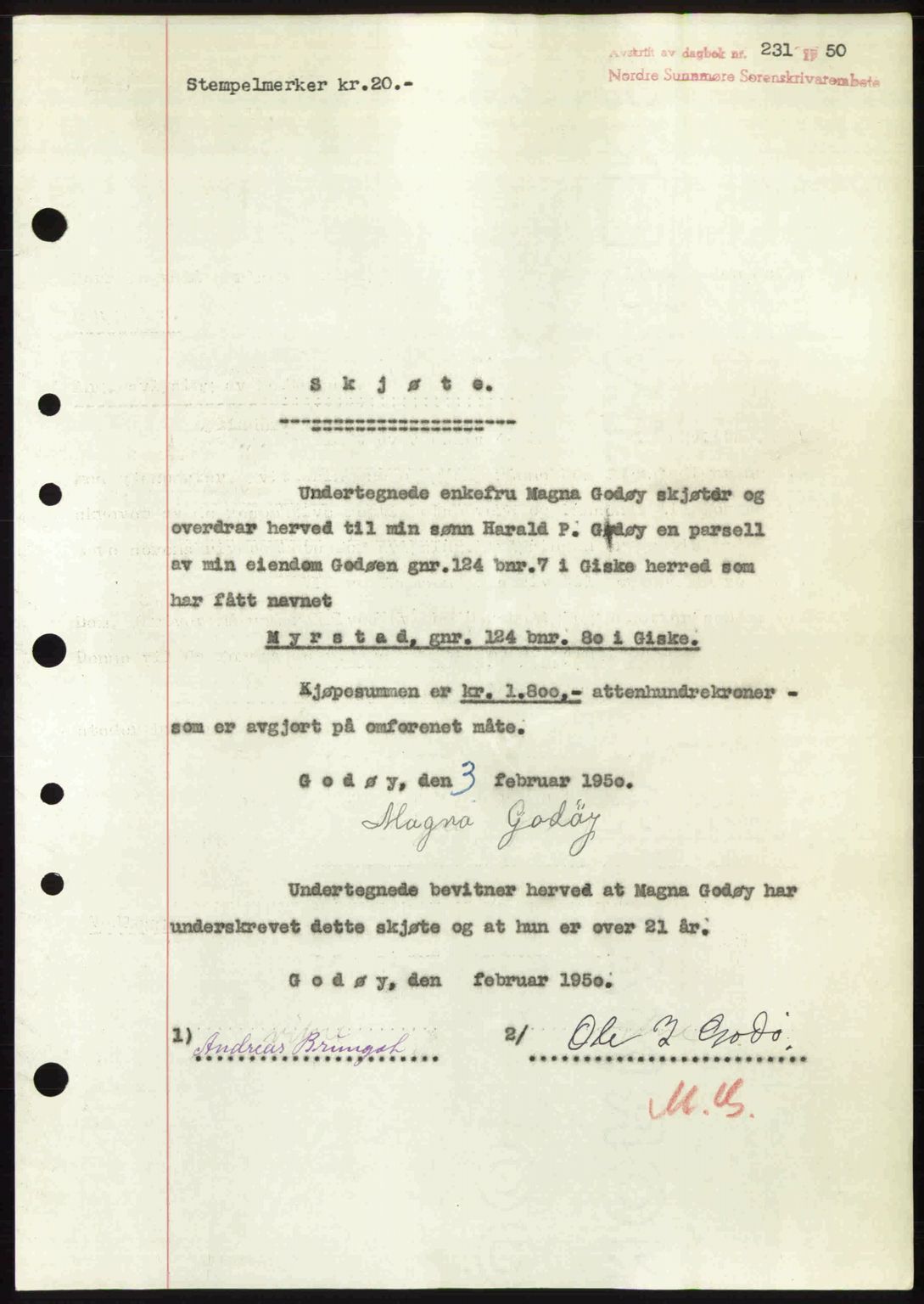 Nordre Sunnmøre sorenskriveri, AV/SAT-A-0006/1/2/2C/2Ca: Mortgage book no. A33, 1949-1950, Diary no: : 231/1950