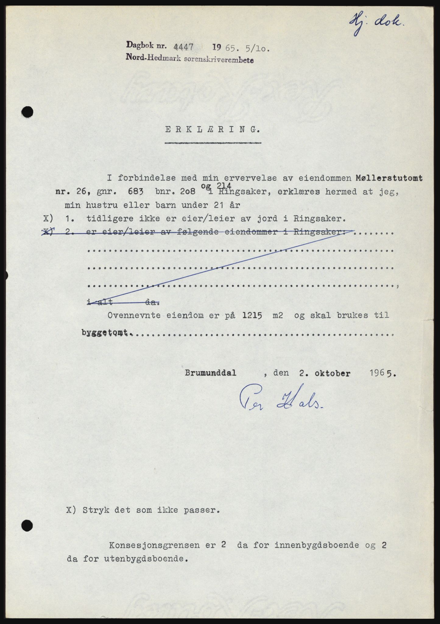 Nord-Hedmark sorenskriveri, SAH/TING-012/H/Hc/L0022: Mortgage book no. 22, 1965-1965, Diary no: : 4447/1965