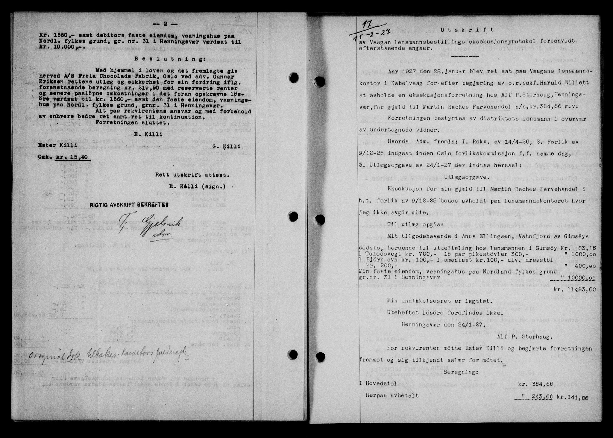 Lofoten sorenskriveri, AV/SAT-A-0017/1/2/2C/L0015b: Mortgage book no. 15b, 1927-1927, Deed date: 15.02.1927