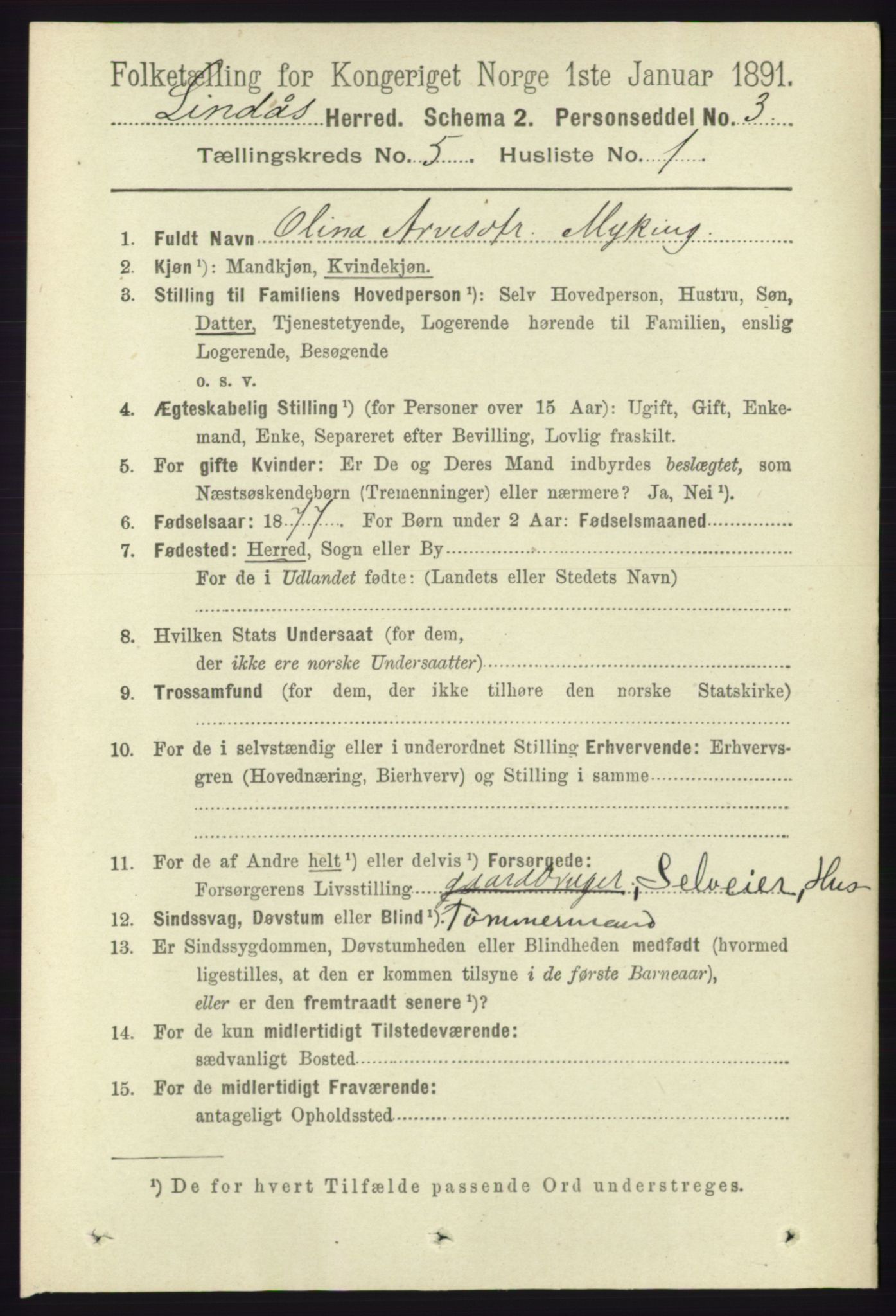 RA, 1891 census for 1263 Lindås, 1891, p. 1447