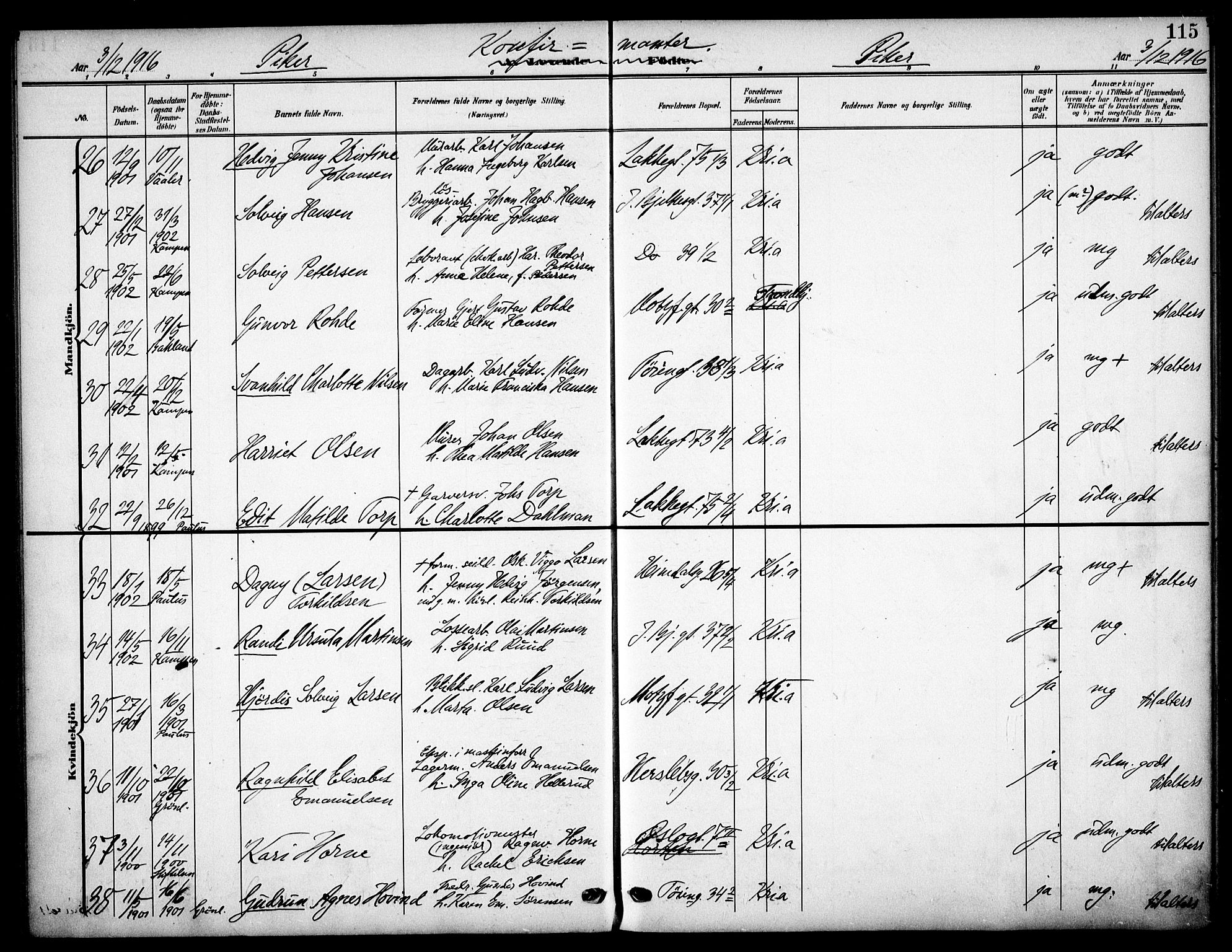 Tøyen prestekontor Kirkebøker, AV/SAO-A-10167a/F/Fa/L0001: Parish register (official) no. I 1, 1907-1916, p. 115