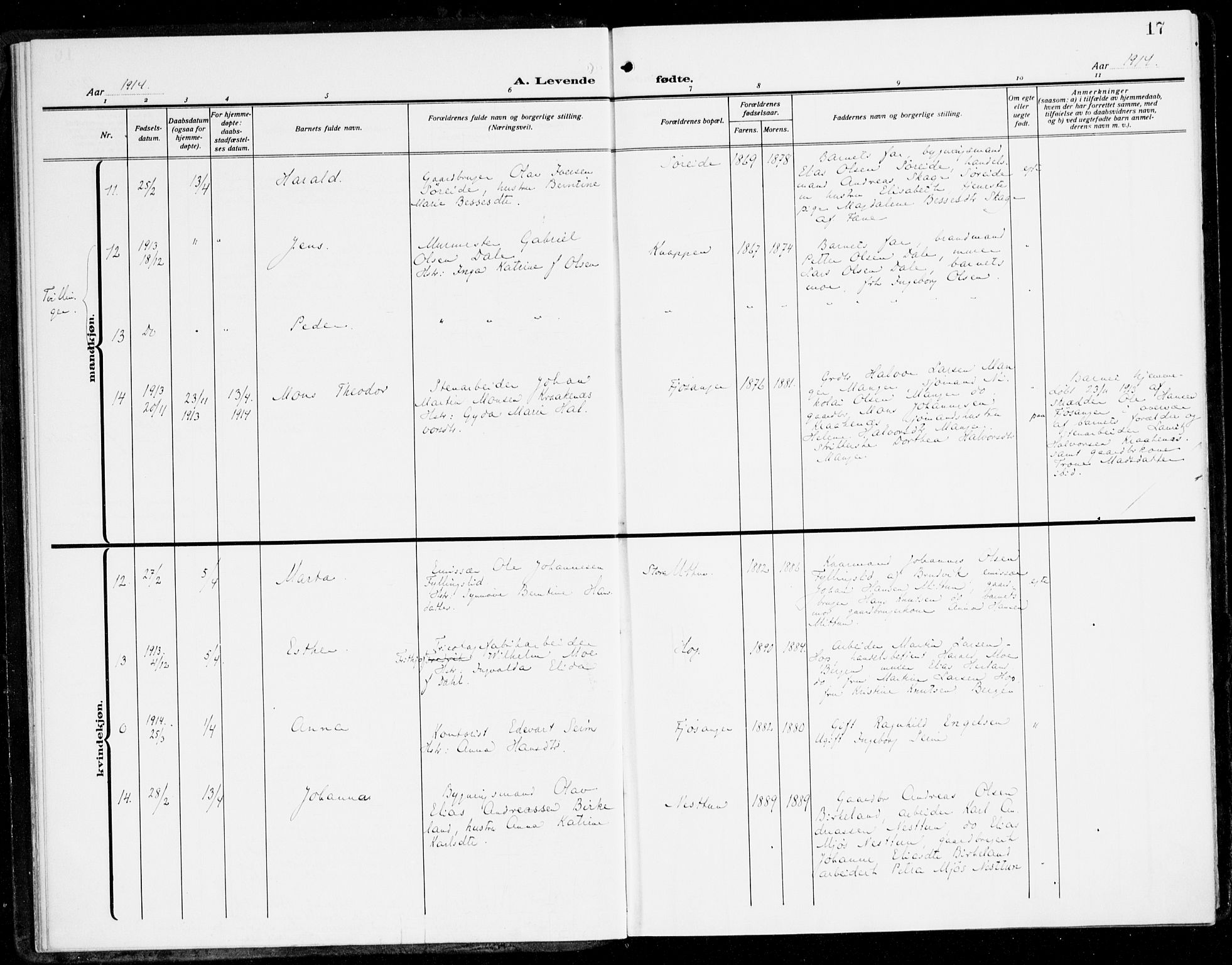 Fana Sokneprestembete, AV/SAB-A-75101/H/Haa/Haai/L0004: Parish register (official) no. I 4, 1912-1933, p. 17