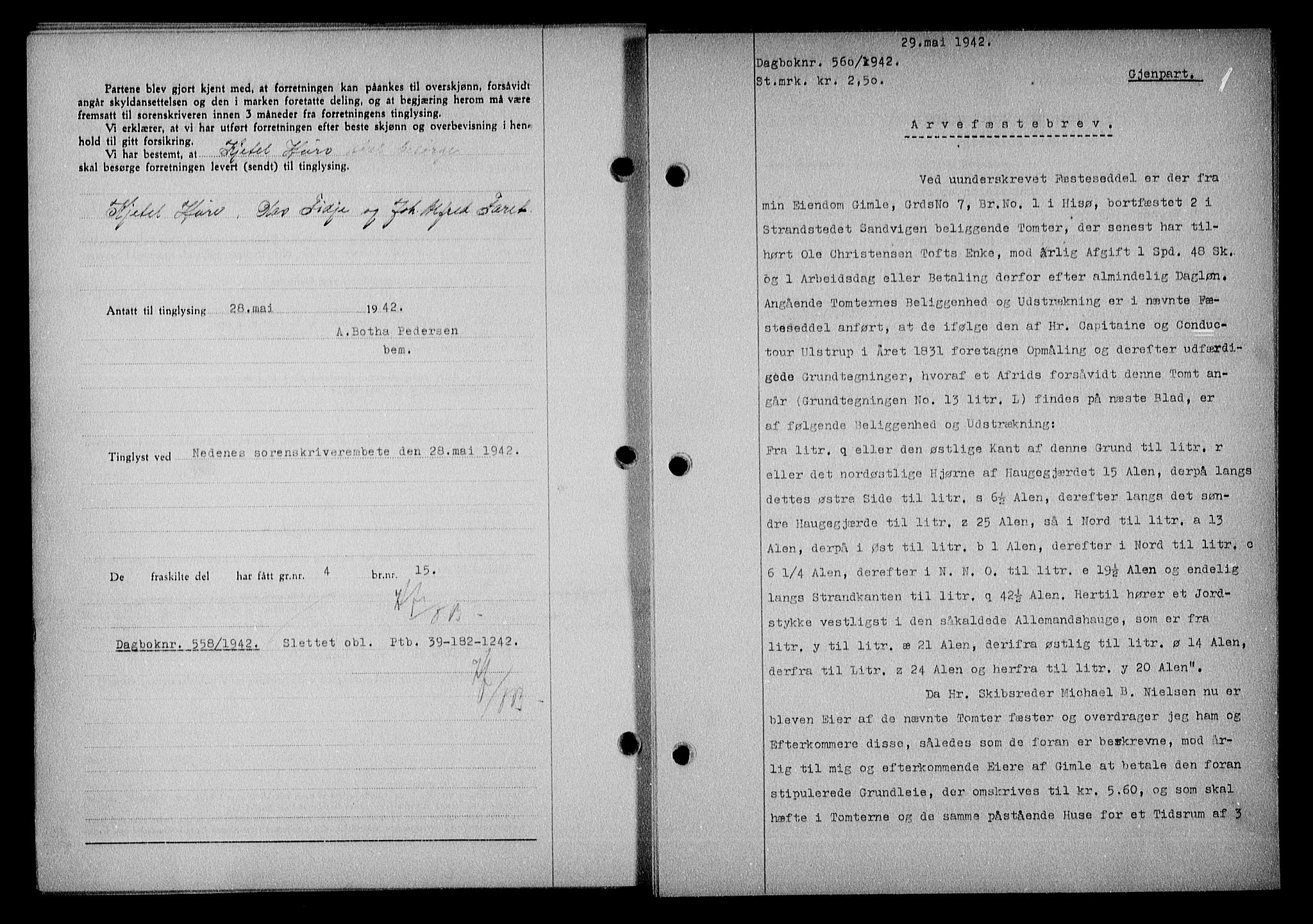 Nedenes sorenskriveri, SAK/1221-0006/G/Gb/Gba/L0049: Mortgage book no. A-III, 1941-1942, Diary no: : 560/1942