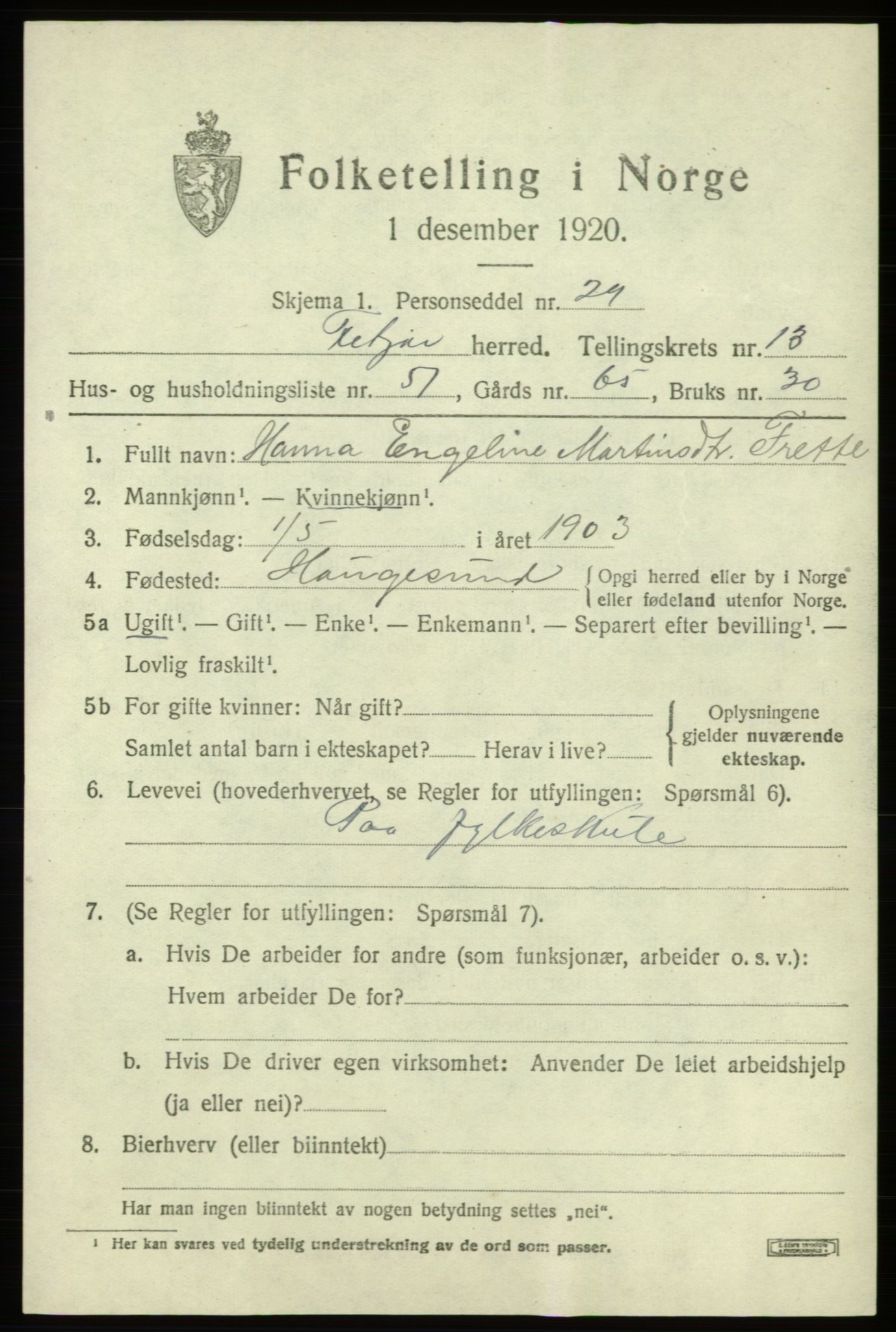 SAB, 1920 census for Fitjar, 1920, p. 5710