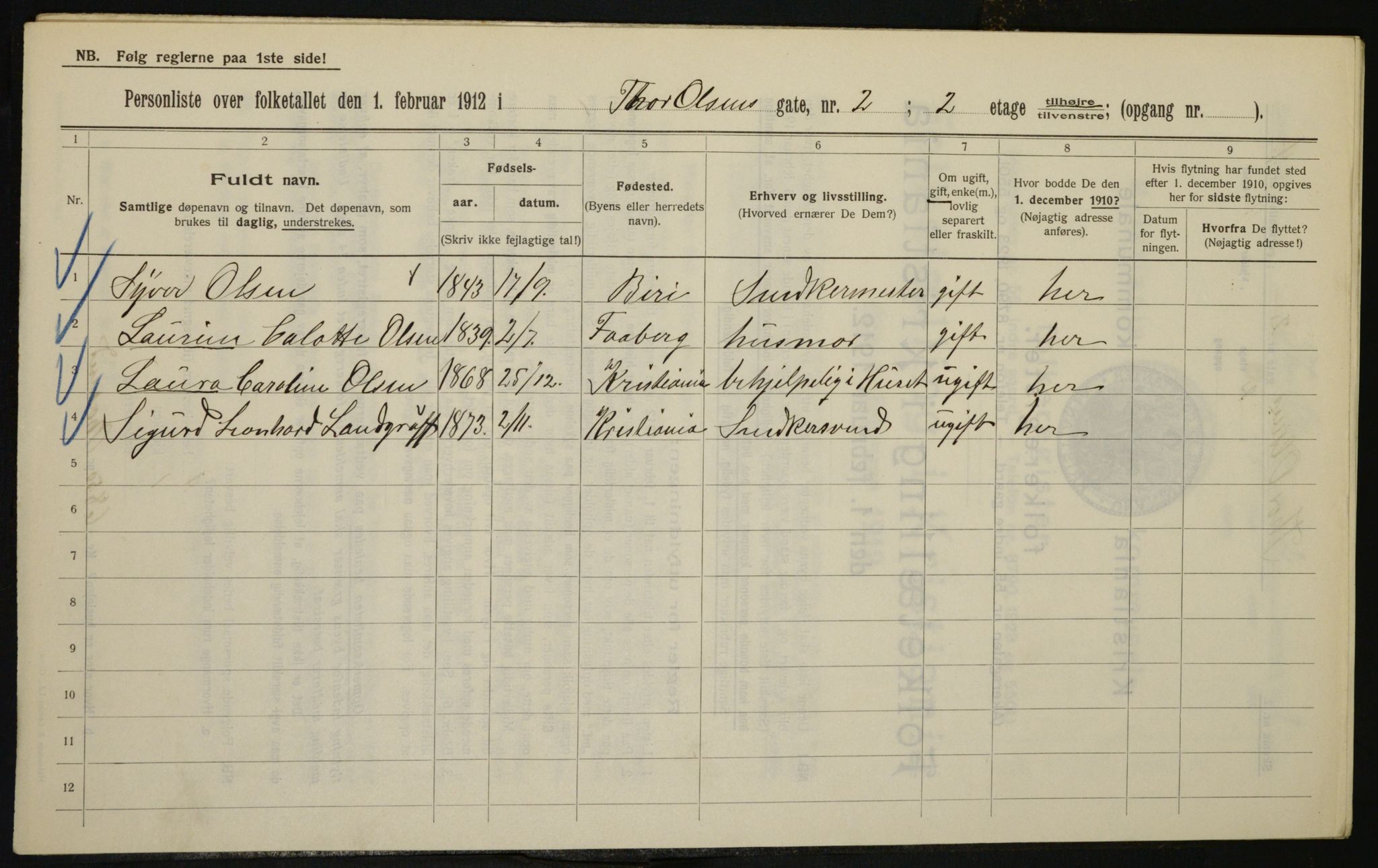 OBA, Municipal Census 1912 for Kristiania, 1912, p. 109252