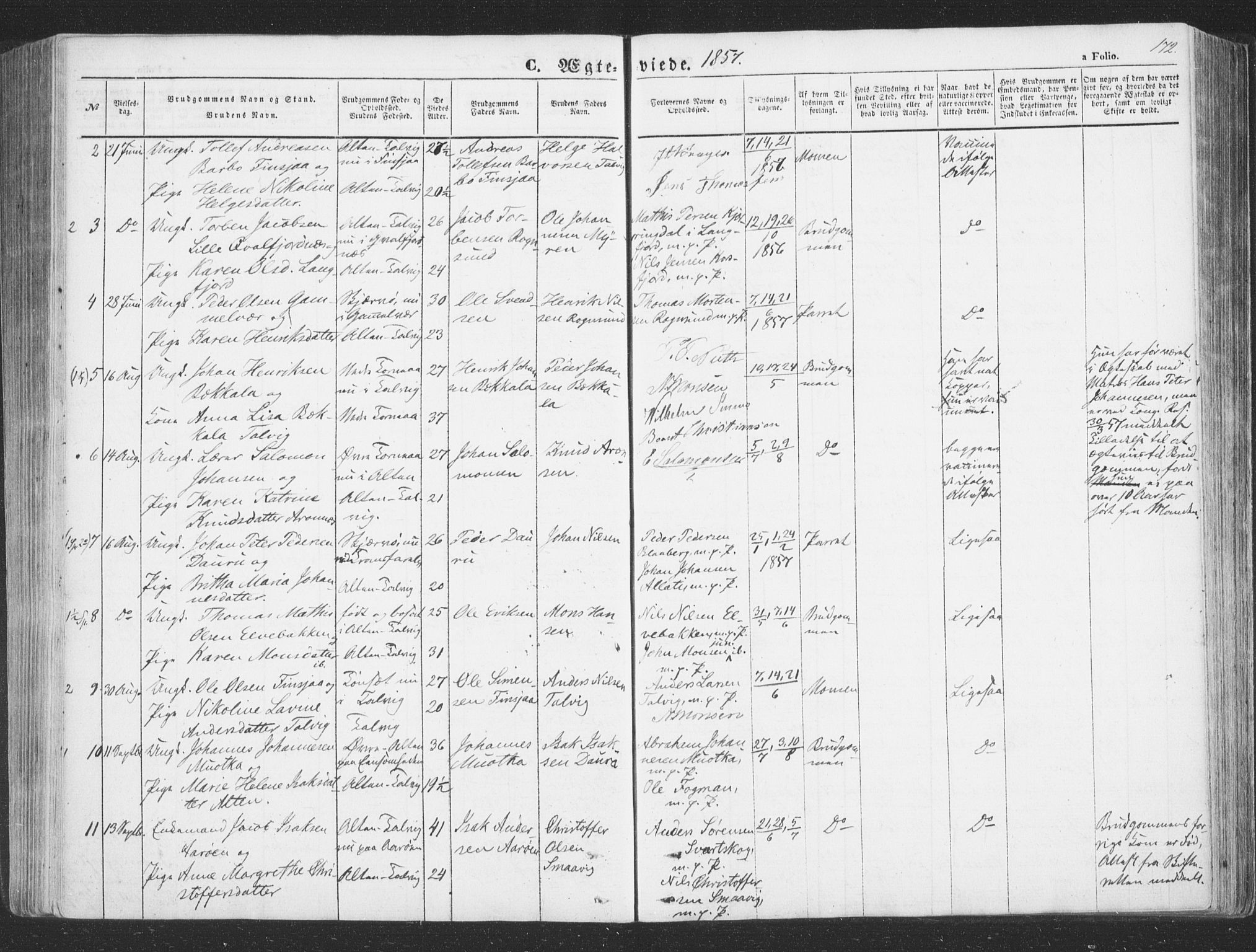 Talvik sokneprestkontor, SATØ/S-1337/H/Ha/L0010kirke: Parish register (official) no. 10, 1852-1864, p. 172