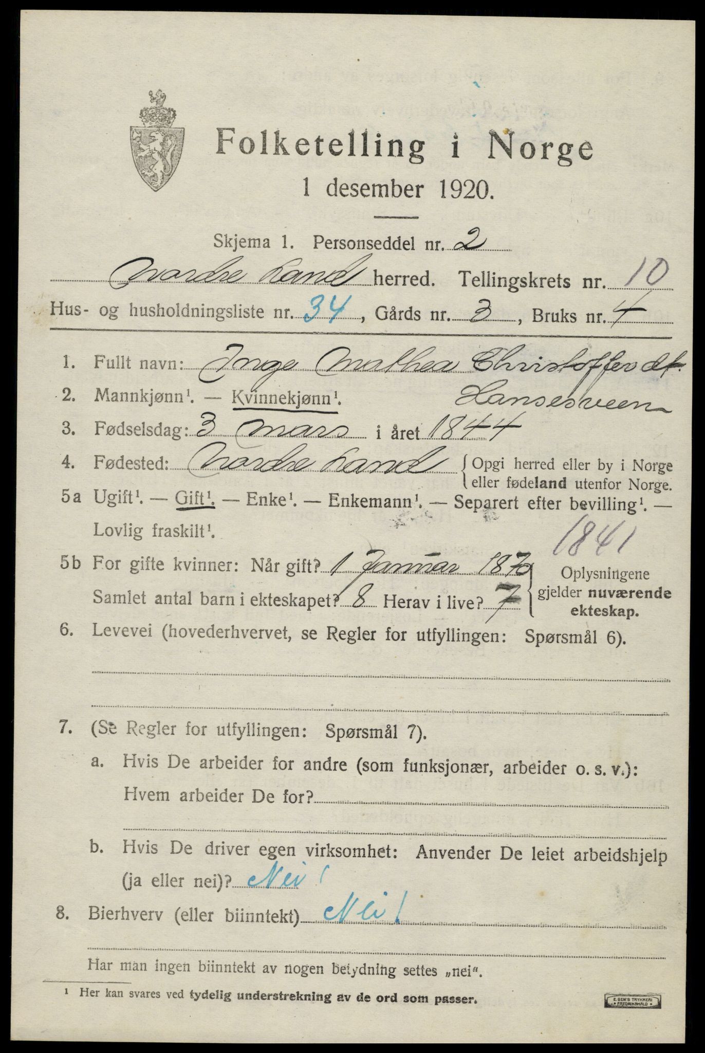 SAH, 1920 census for Nordre Land, 1920, p. 5580