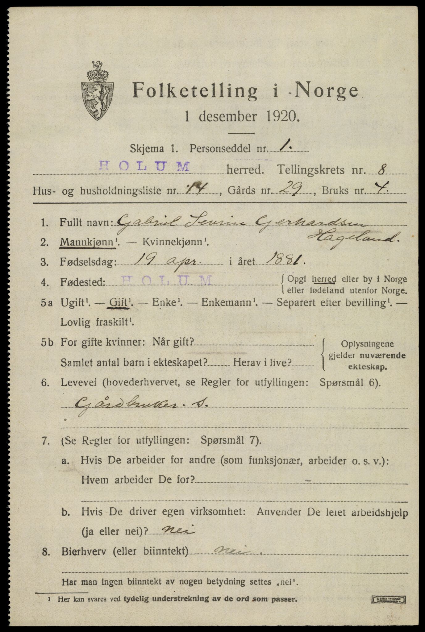 SAK, 1920 census for Holum, 1920, p. 2621