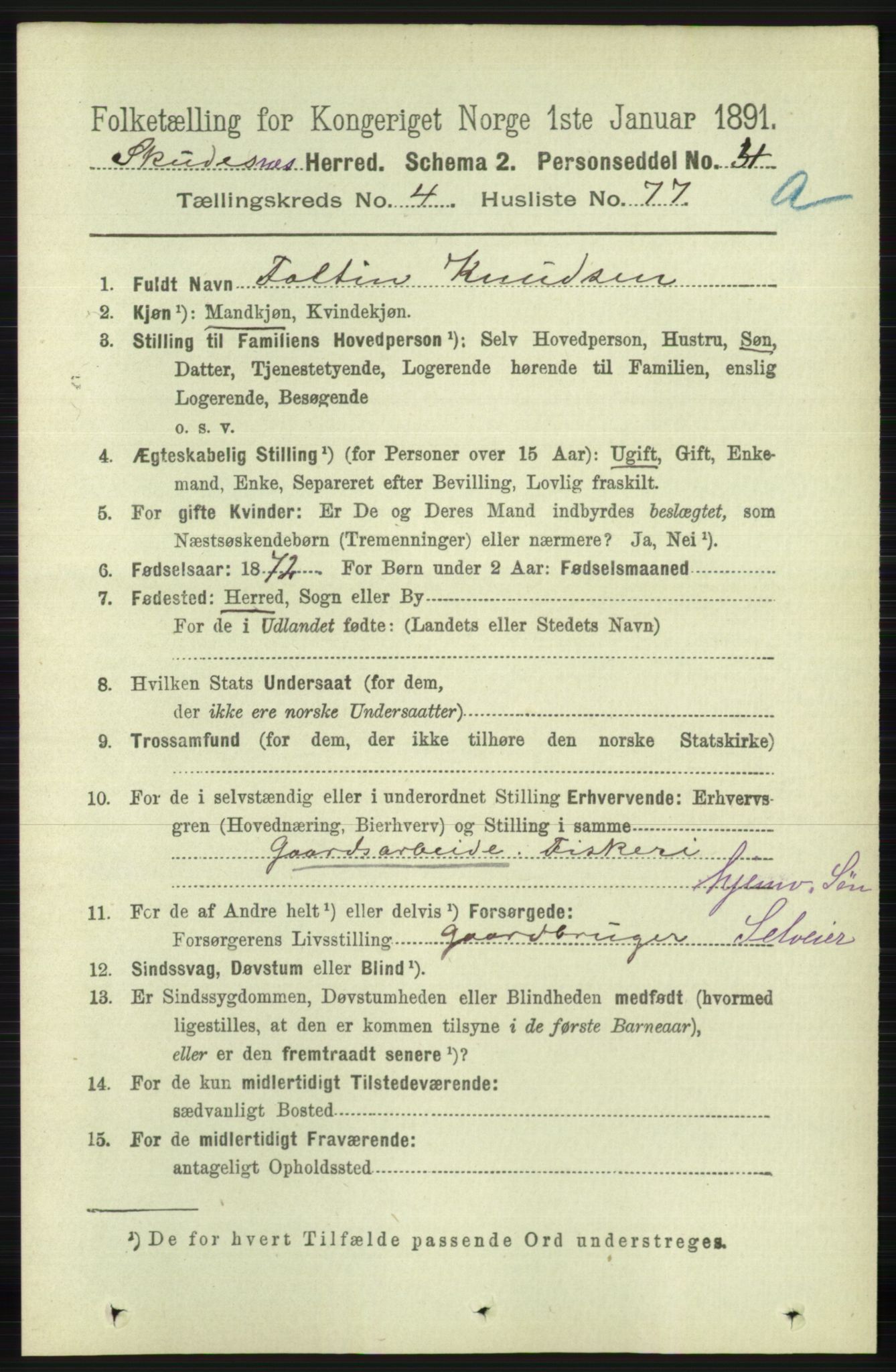 RA, 1891 census for 1150 Skudenes, 1891, p. 2316