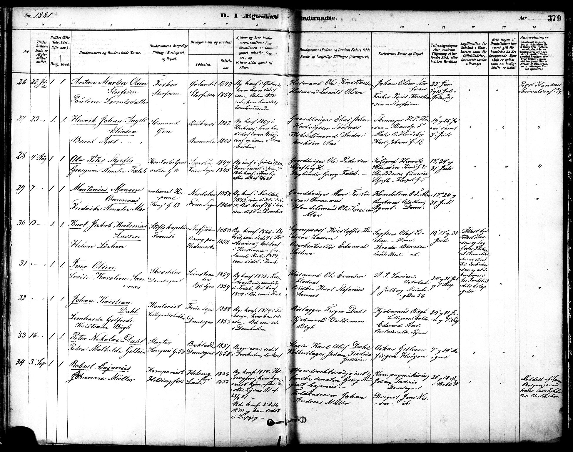 Ministerialprotokoller, klokkerbøker og fødselsregistre - Sør-Trøndelag, SAT/A-1456/601/L0058: Parish register (official) no. 601A26, 1877-1891, p. 379