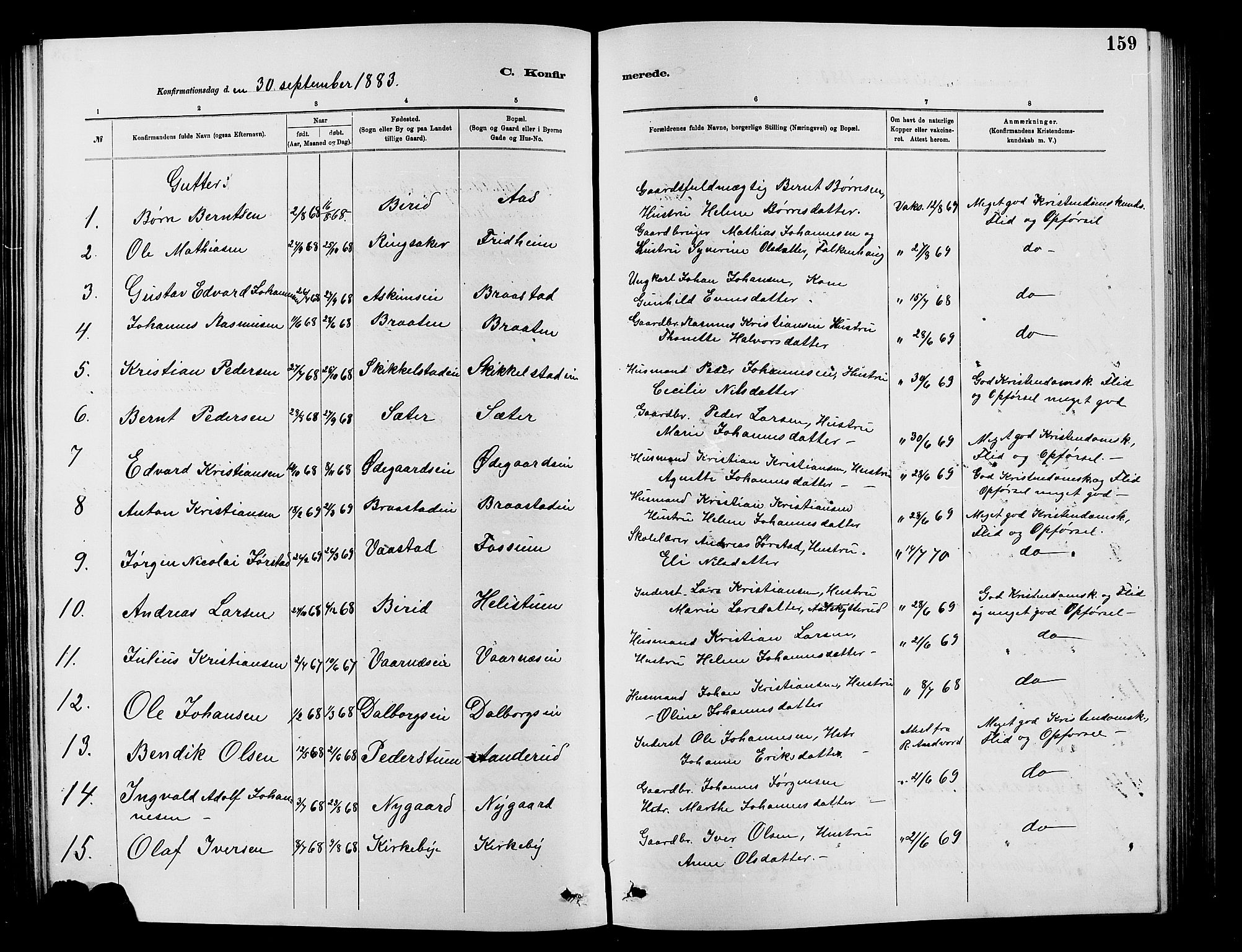 Vardal prestekontor, AV/SAH-PREST-100/H/Ha/Hab/L0007: Parish register (copy) no. 7 /1, 1881-1895, p. 159