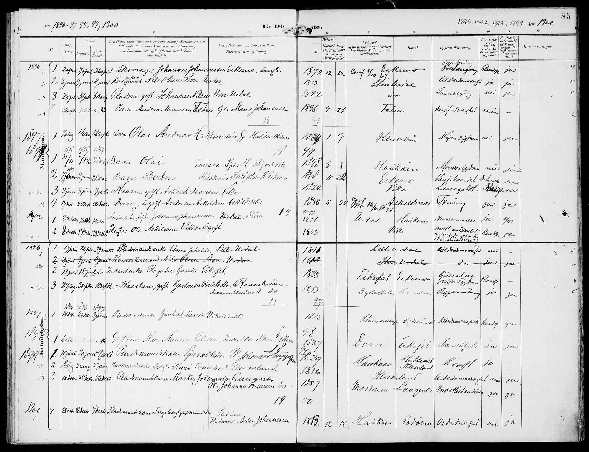 Hosanger sokneprestembete, AV/SAB-A-75801/H/Haa: Parish register (official) no. D  1, 1896-1922, p. 85