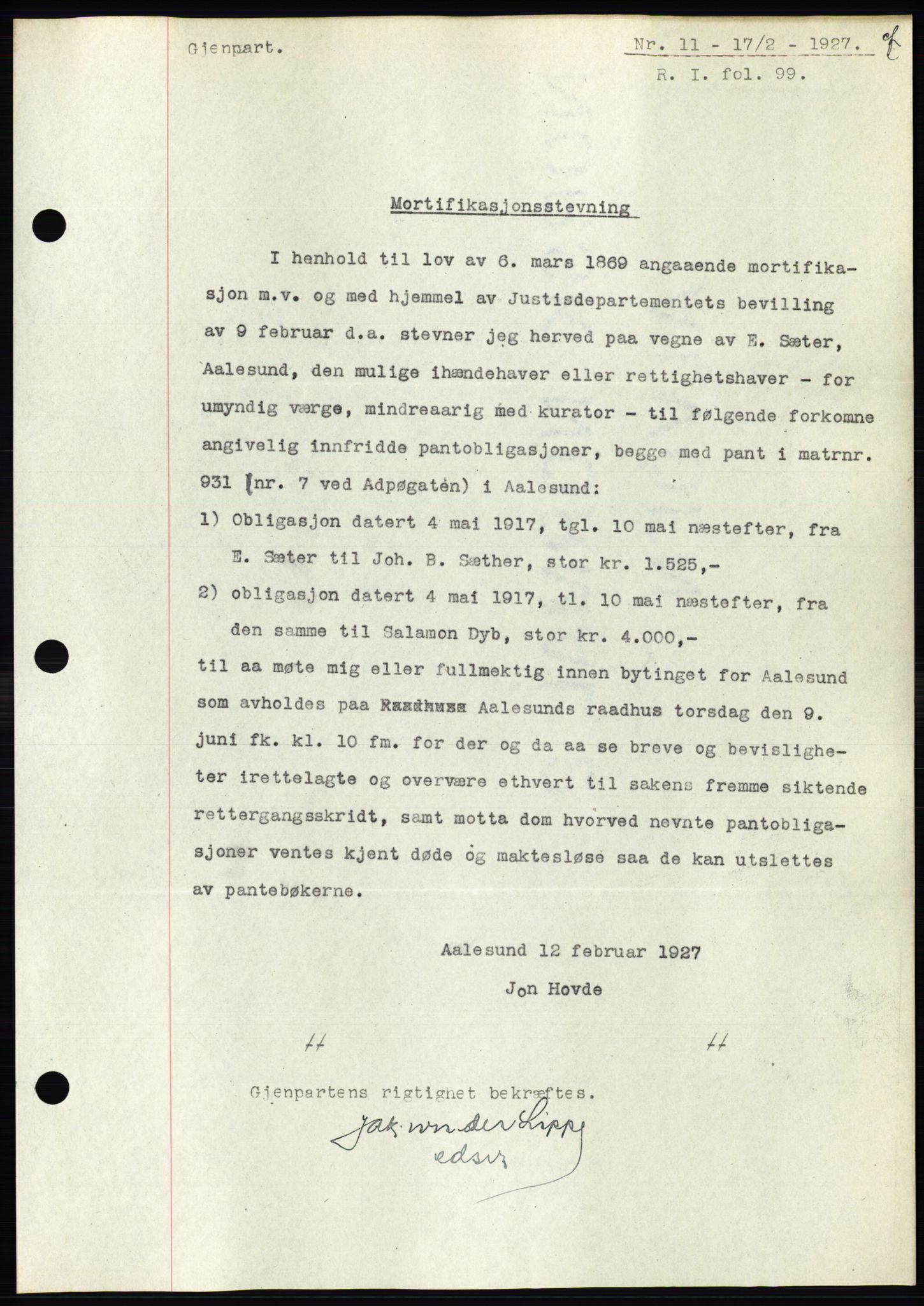 Ålesund byfogd, AV/SAT-A-4384: Mortgage book no. 21, 1926-1927, Deed date: 17.02.1927