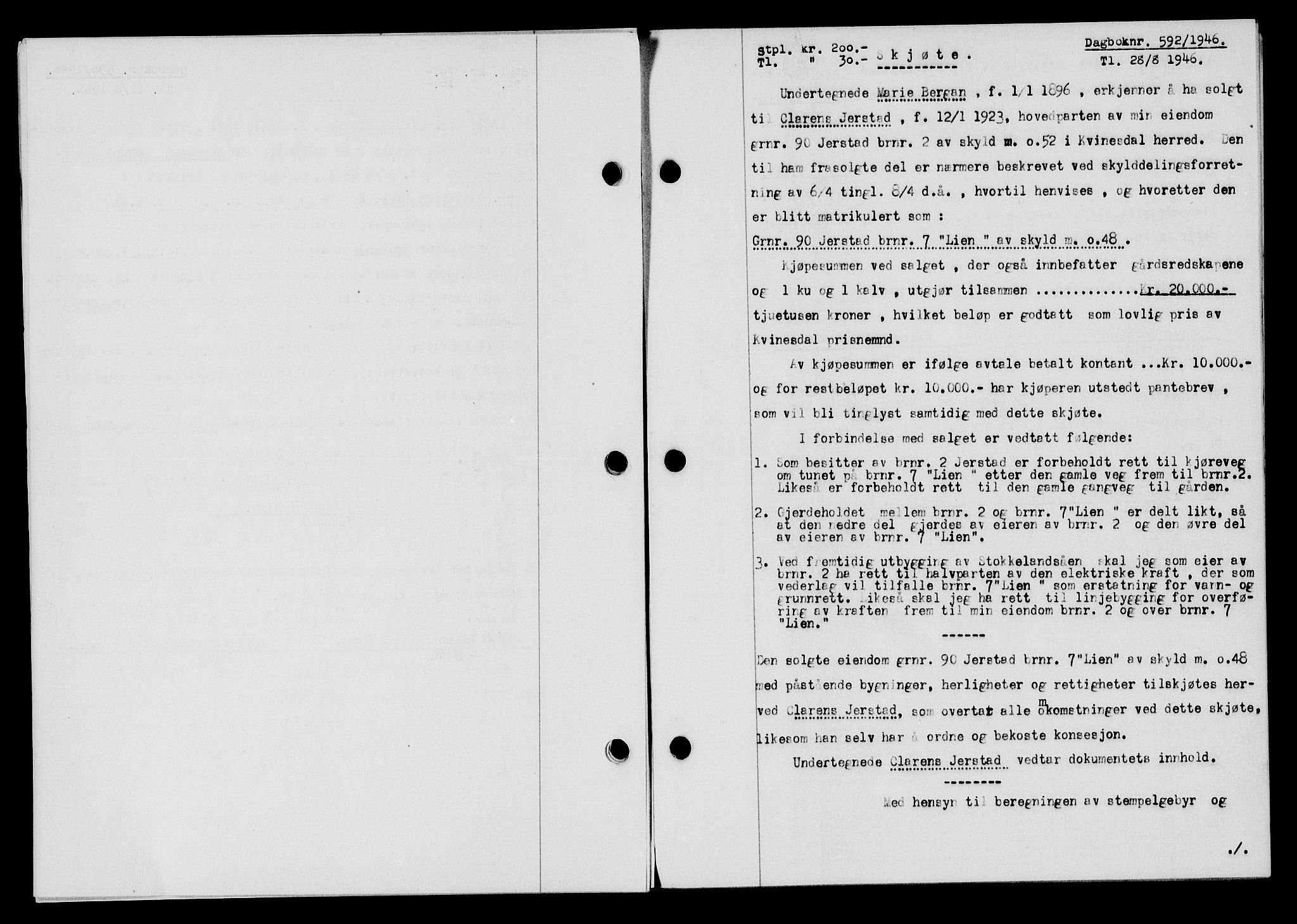 Flekkefjord sorenskriveri, SAK/1221-0001/G/Gb/Gba/L0060: Mortgage book no. A-8, 1945-1946, Diary no: : 592/1946