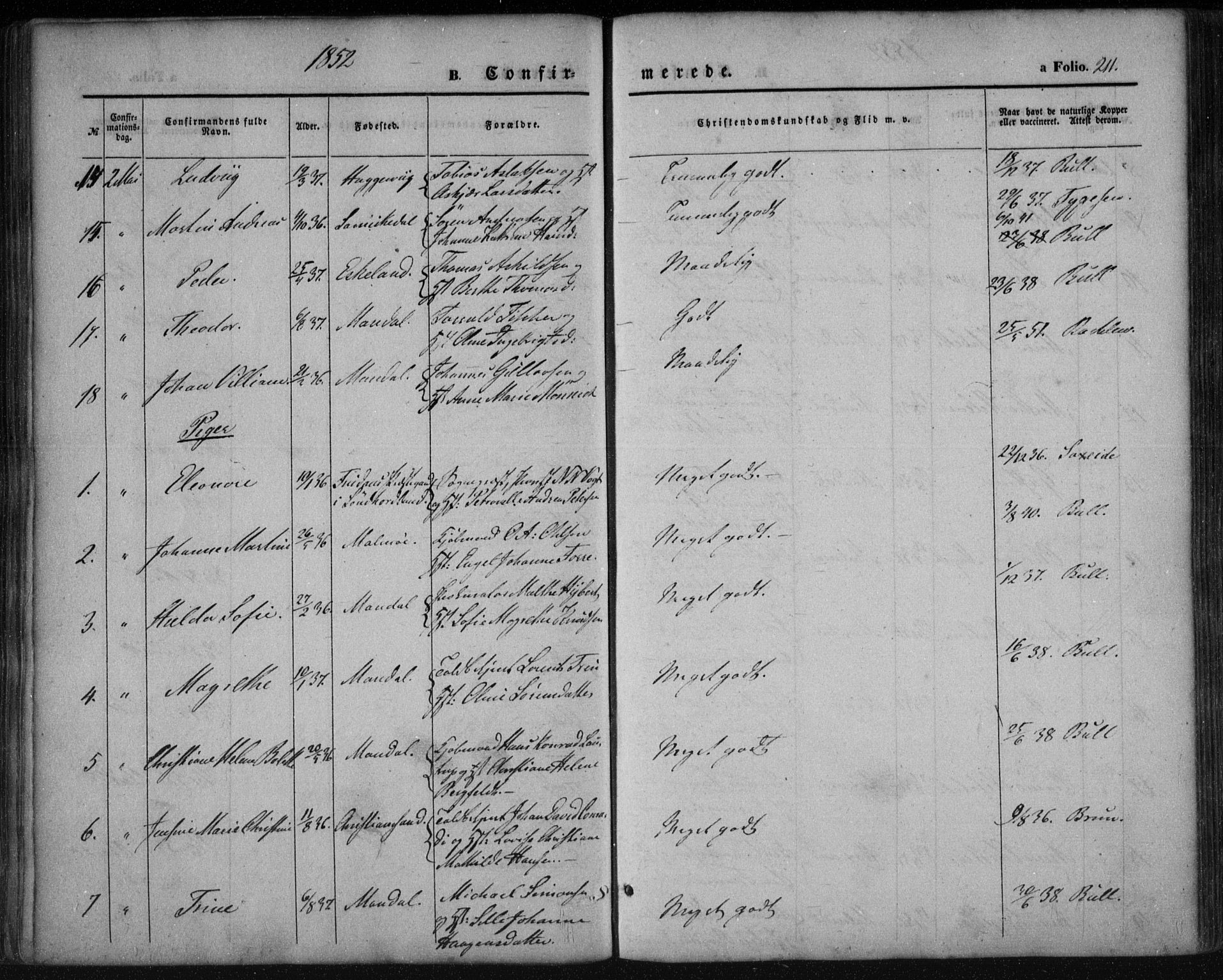 Mandal sokneprestkontor, AV/SAK-1111-0030/F/Fa/Faa/L0013: Parish register (official) no. A 13, 1847-1859, p. 211