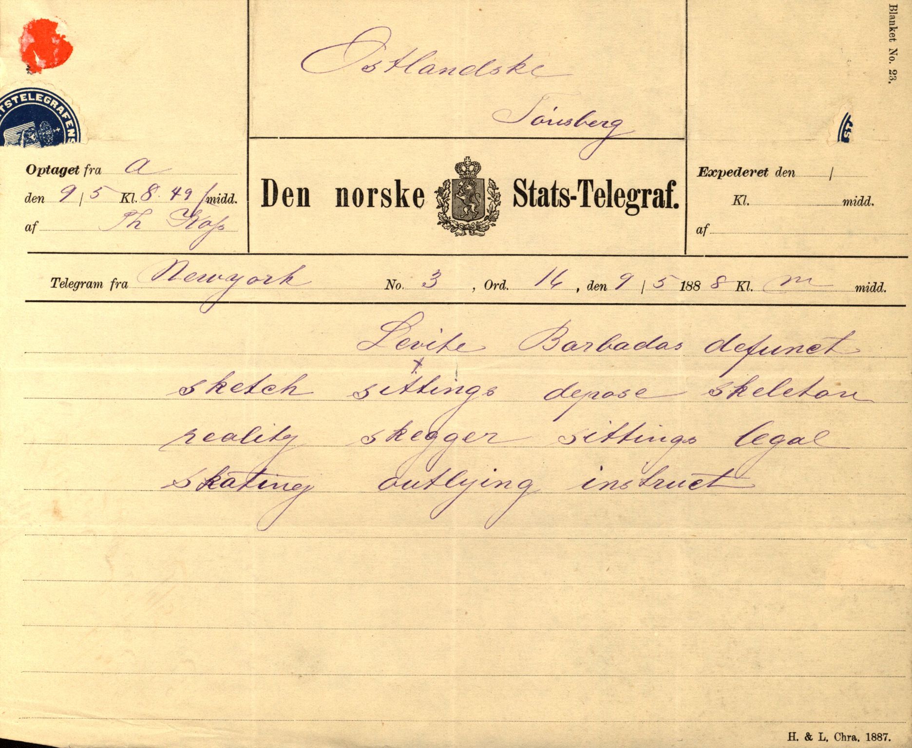 Pa 63 - Østlandske skibsassuranceforening, VEMU/A-1079/G/Ga/L0021/0003: Havaridokumenter / Inga av Drammen, Inga av Sandefjord, Primula, 1888-1889, p. 188