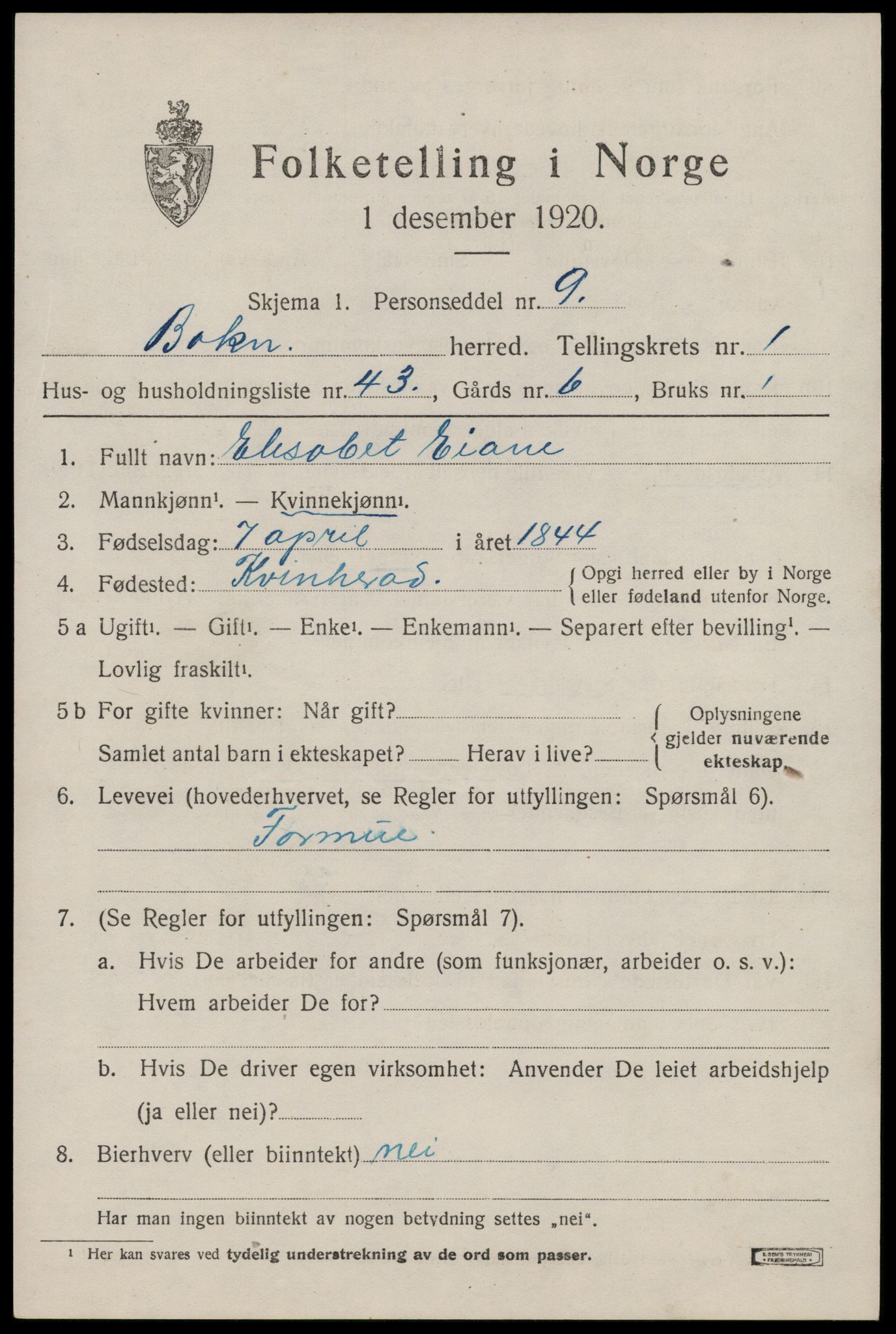 SAST, 1920 census for Bokn, 1920, p. 784