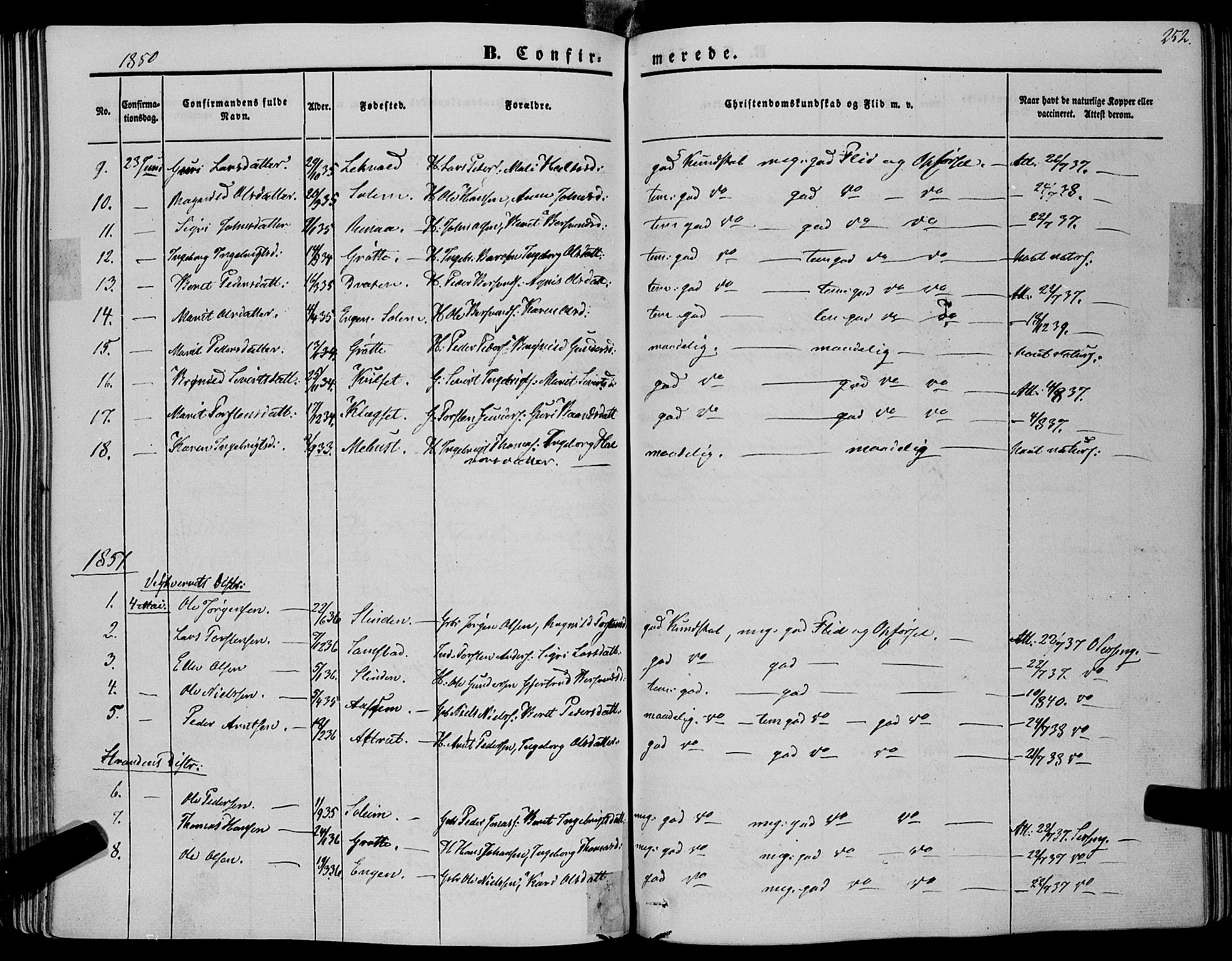 Ministerialprotokoller, klokkerbøker og fødselsregistre - Sør-Trøndelag, SAT/A-1456/695/L1145: Parish register (official) no. 695A06 /1, 1843-1859, p. 252