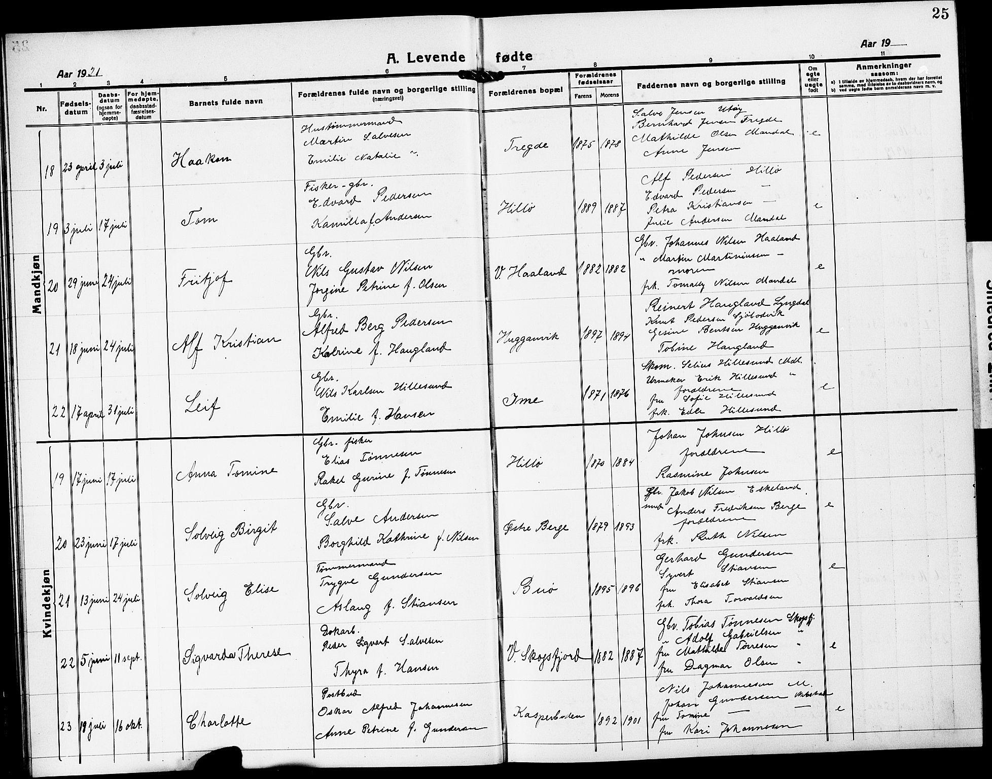 Mandal sokneprestkontor, SAK/1111-0030/F/Fb/Fba/L0013: Parish register (copy) no. B 7, 1918-1931, p. 25