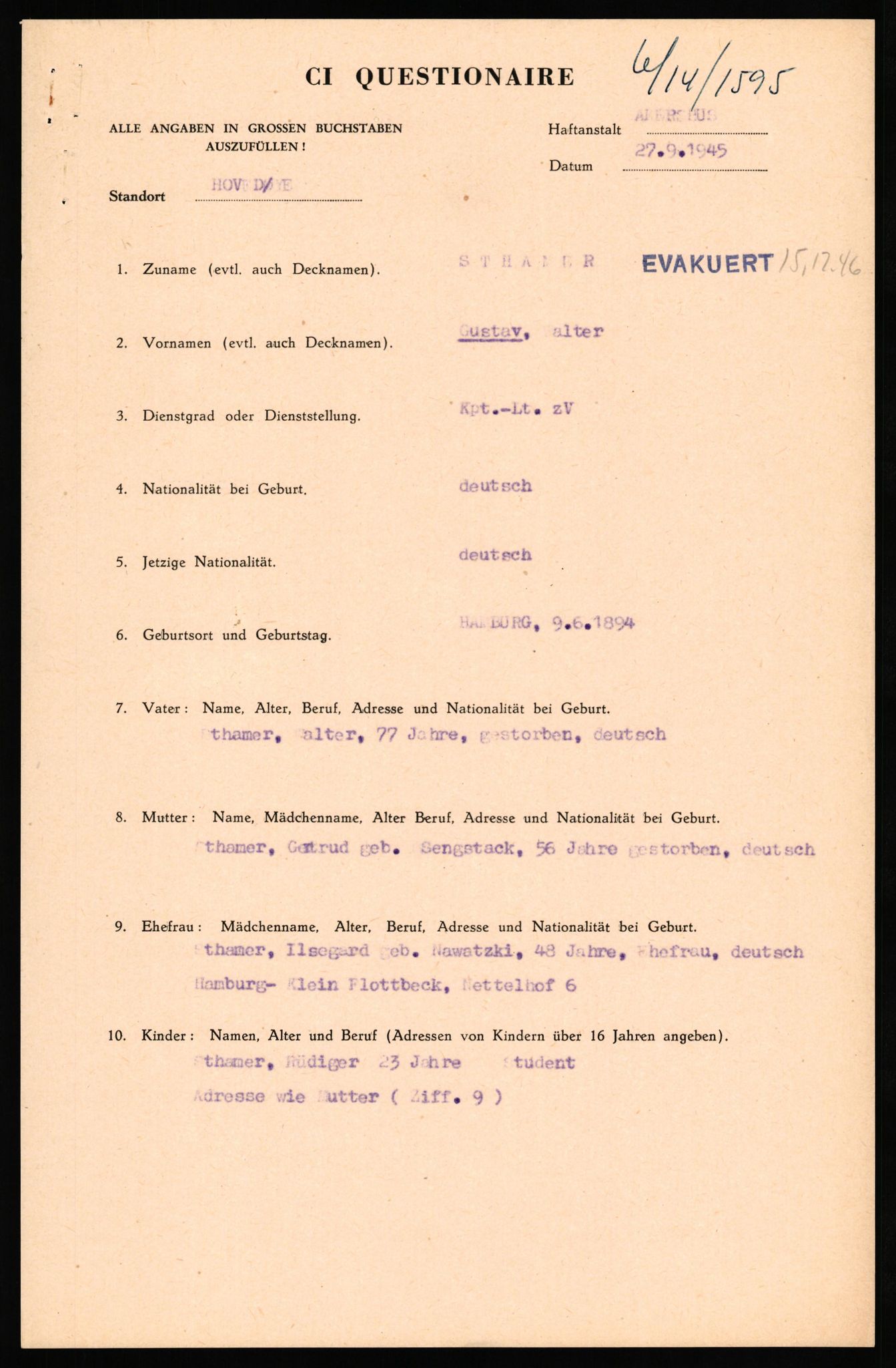 Forsvaret, Forsvarets overkommando II, RA/RAFA-3915/D/Db/L0033: CI Questionaires. Tyske okkupasjonsstyrker i Norge. Tyskere., 1945-1946, p. 46