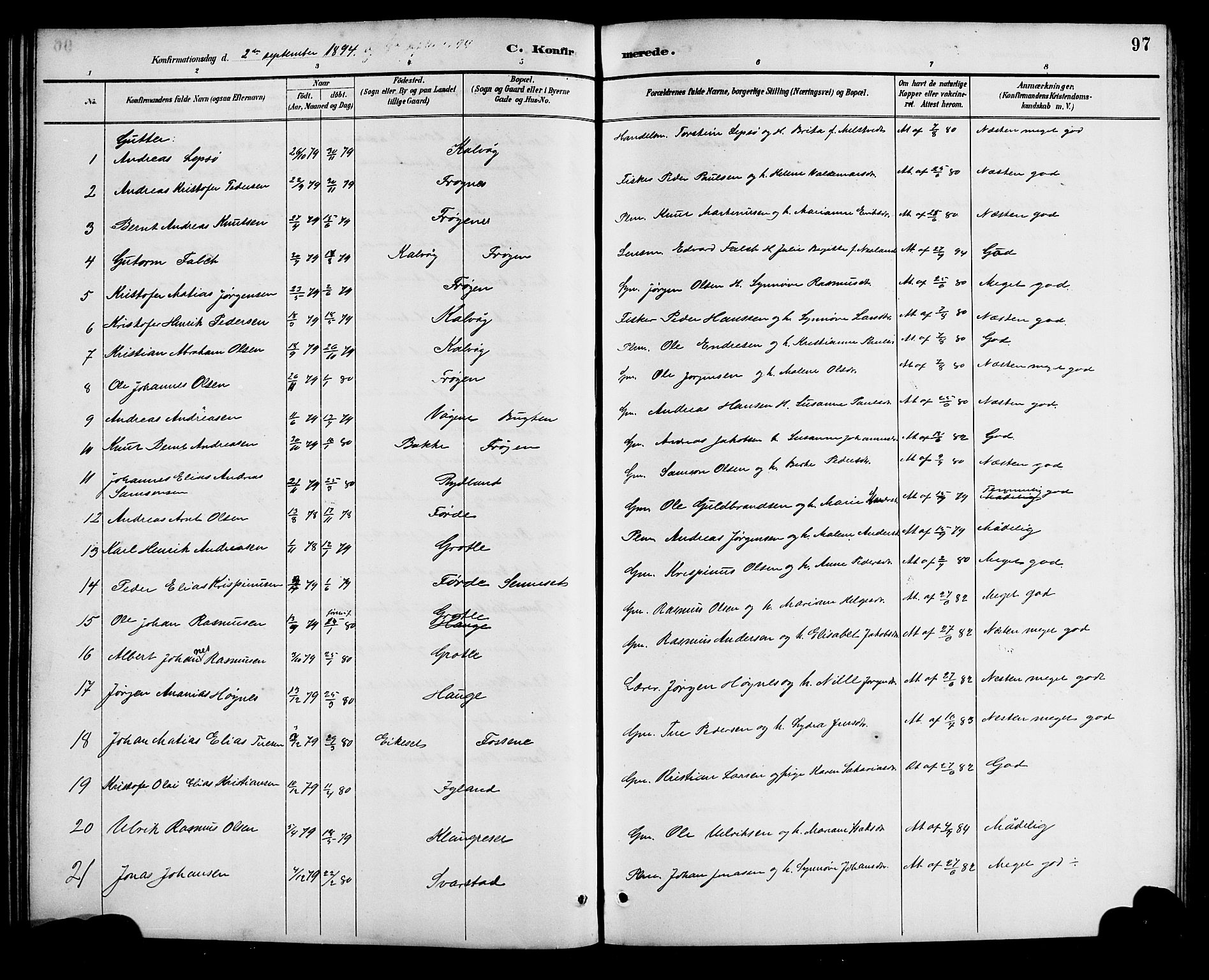 Bremanger sokneprestembete, AV/SAB-A-82201/H/Hab/Haba/L0003: Parish register (copy) no. A 3, 1890-1908, p. 97