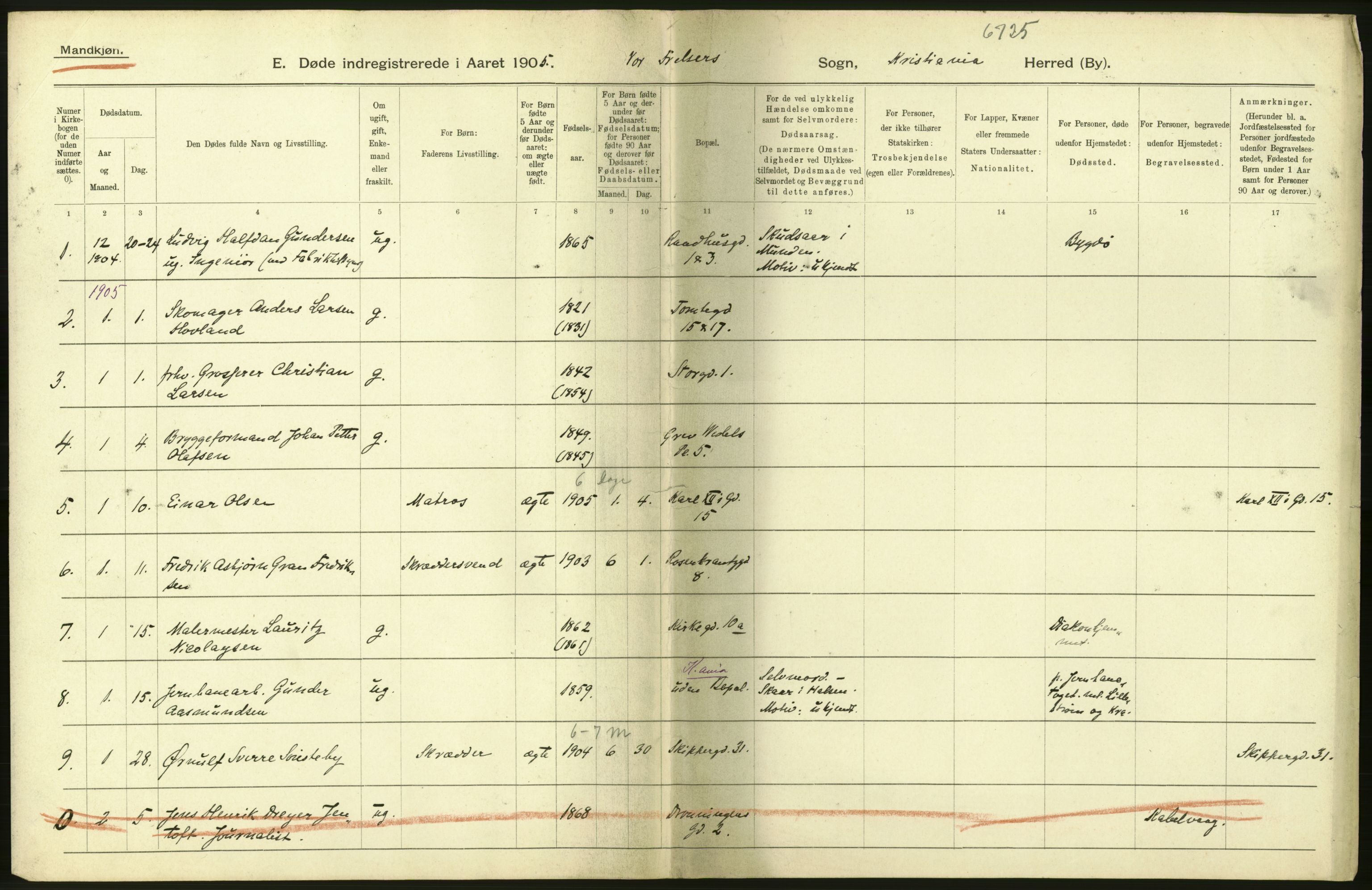 Statistisk sentralbyrå, Sosiodemografiske emner, Befolkning, RA/S-2228/D/Df/Dfa/Dfac/L0007a: Kristiania: Døde, dødfødte., 1905, p. 198