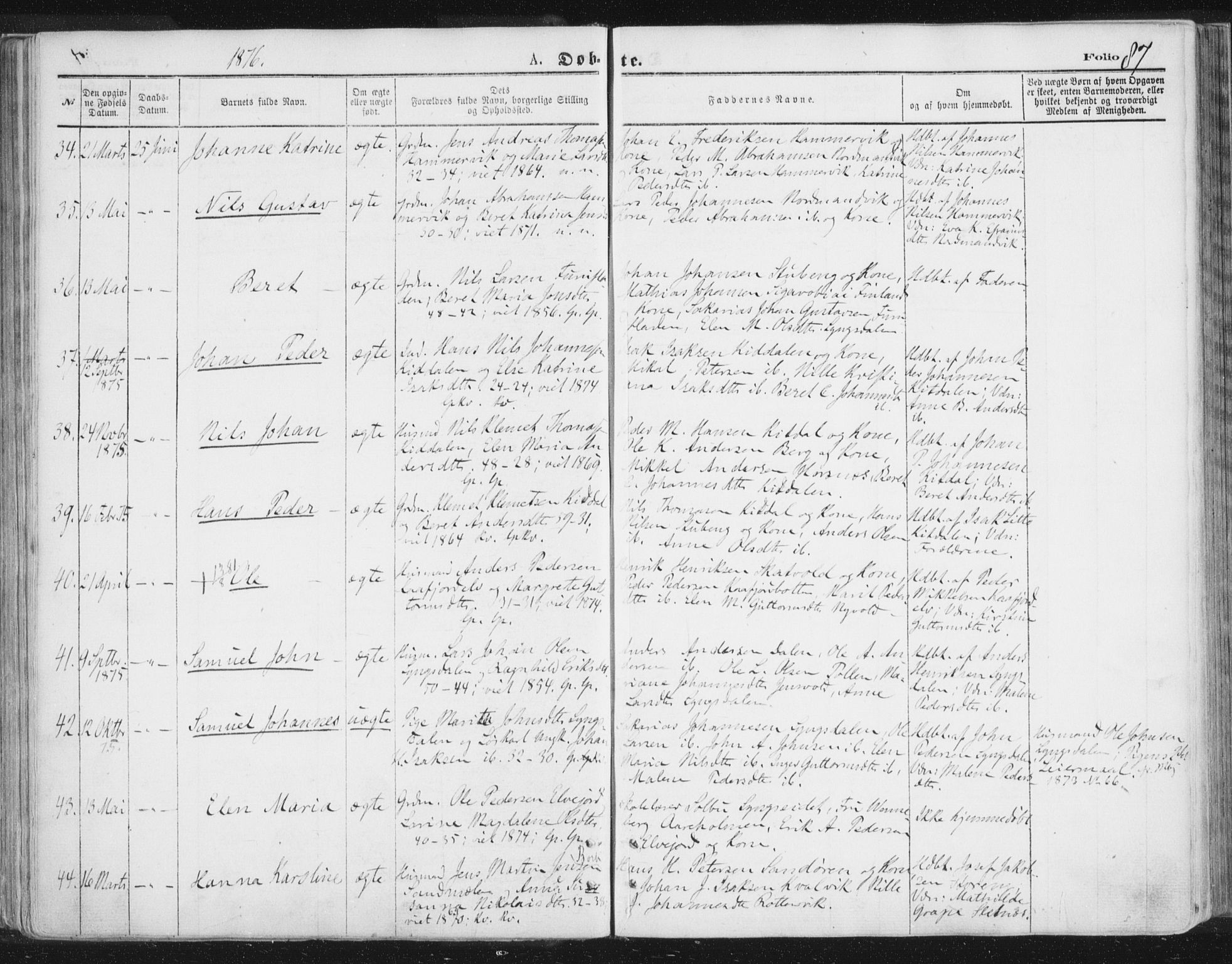 Lyngen sokneprestembete, AV/SATØ-S-1289/H/He/Hea/L0006kirke: Parish register (official) no. 6, 1870-1878, p. 87
