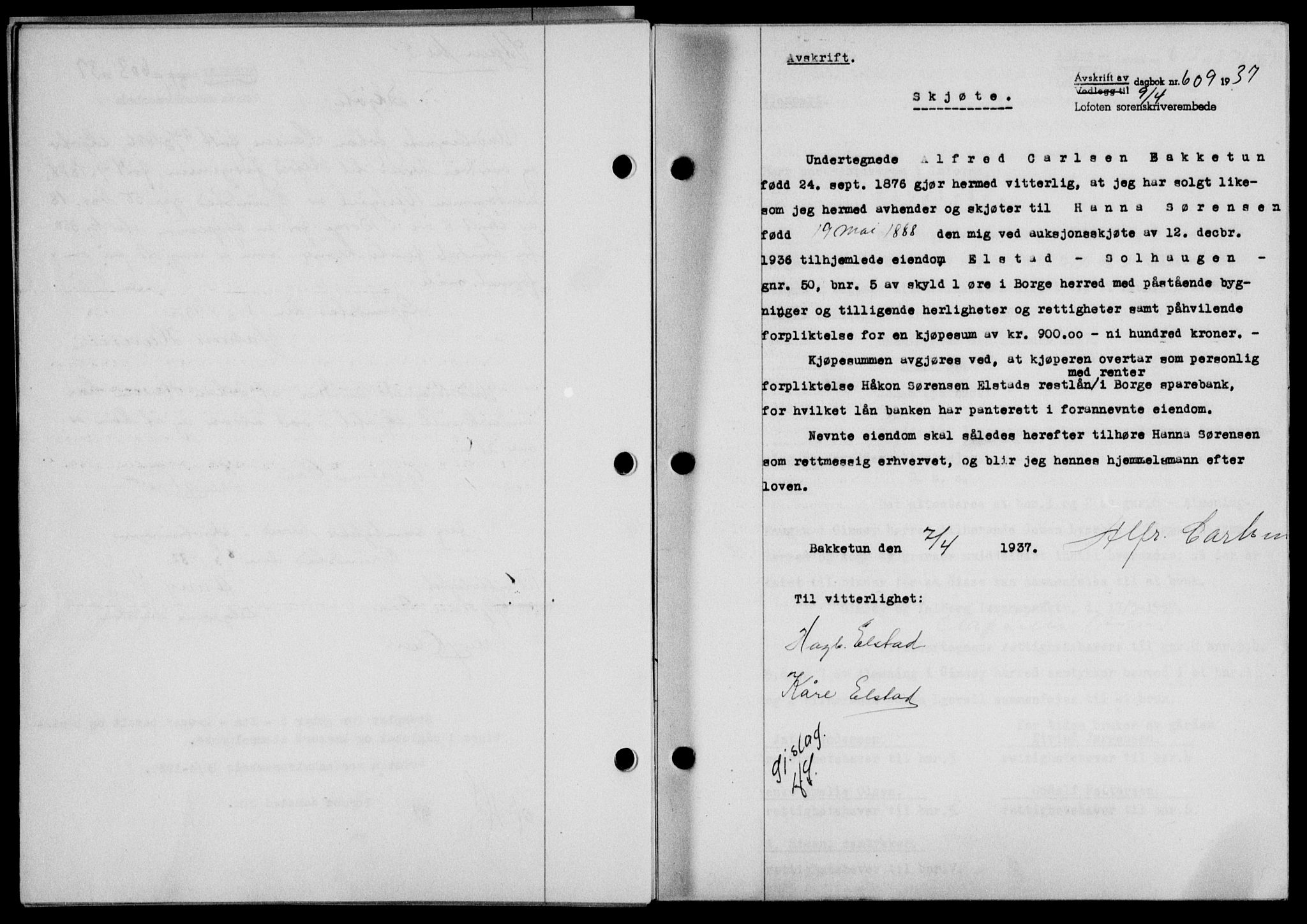 Lofoten sorenskriveri, SAT/A-0017/1/2/2C/L0002a: Mortgage book no. 2a, 1937-1937, Diary no: : 609/1937