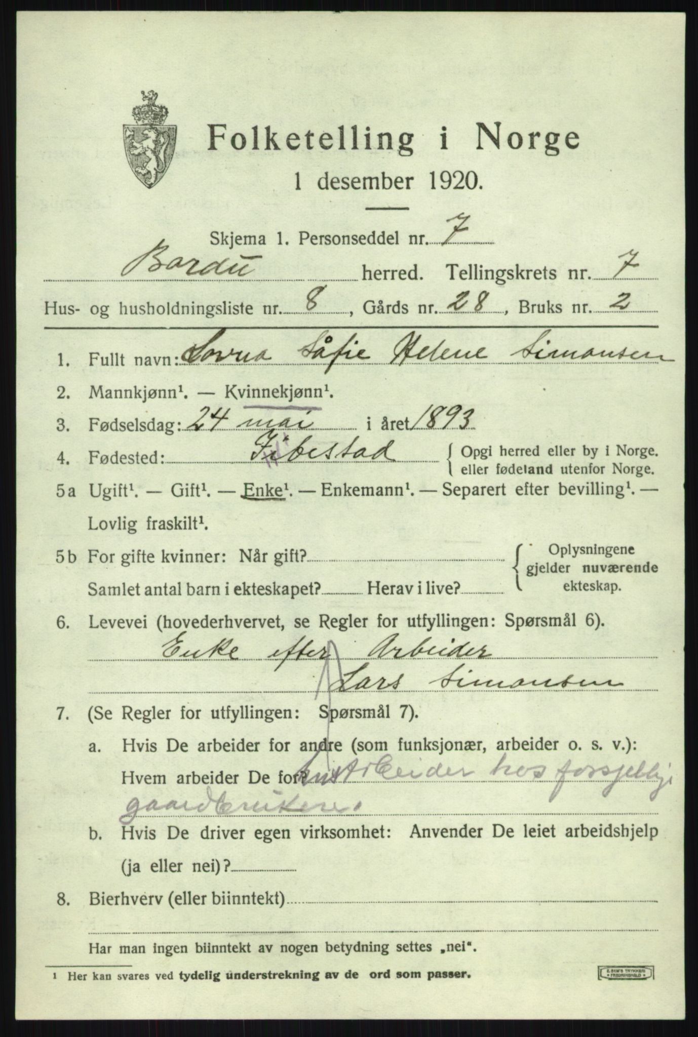 SATØ, 1920 census for Bardu, 1920, p. 2838