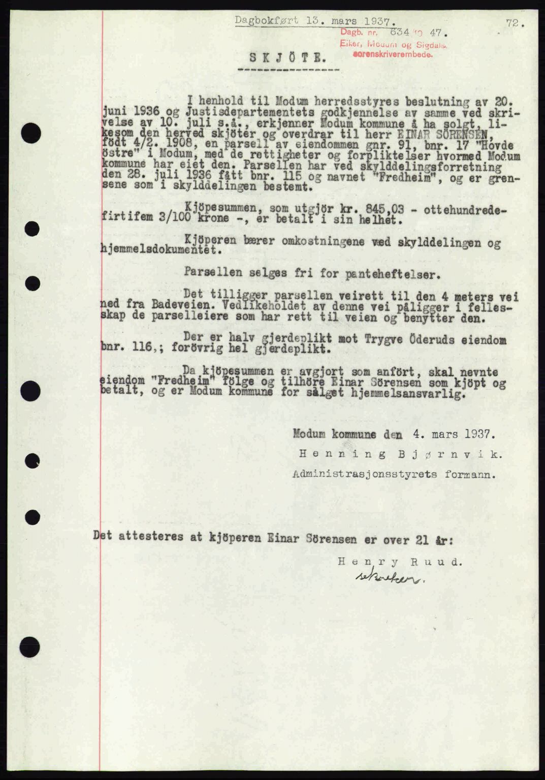 Eiker, Modum og Sigdal sorenskriveri, SAKO/A-123/G/Ga/Gab/L0035: Mortgage book no. A5, 1937-1937, Diary no: : 634/1937