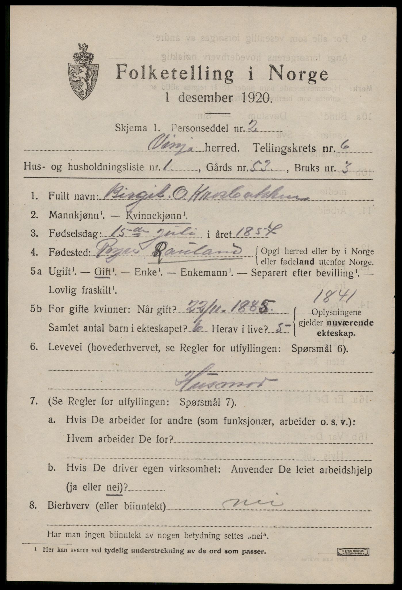 SAKO, 1920 census for Vinje, 1920, p. 1785