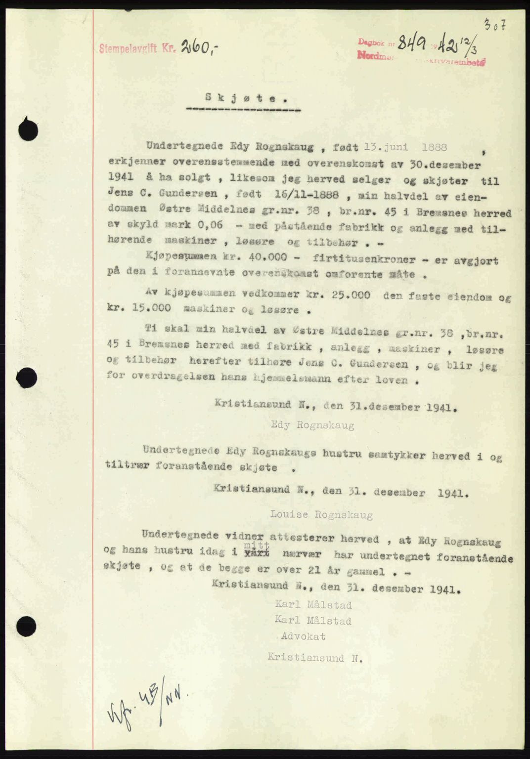 Nordmøre sorenskriveri, AV/SAT-A-4132/1/2/2Ca: Mortgage book no. A92, 1942-1942, Diary no: : 849/1942