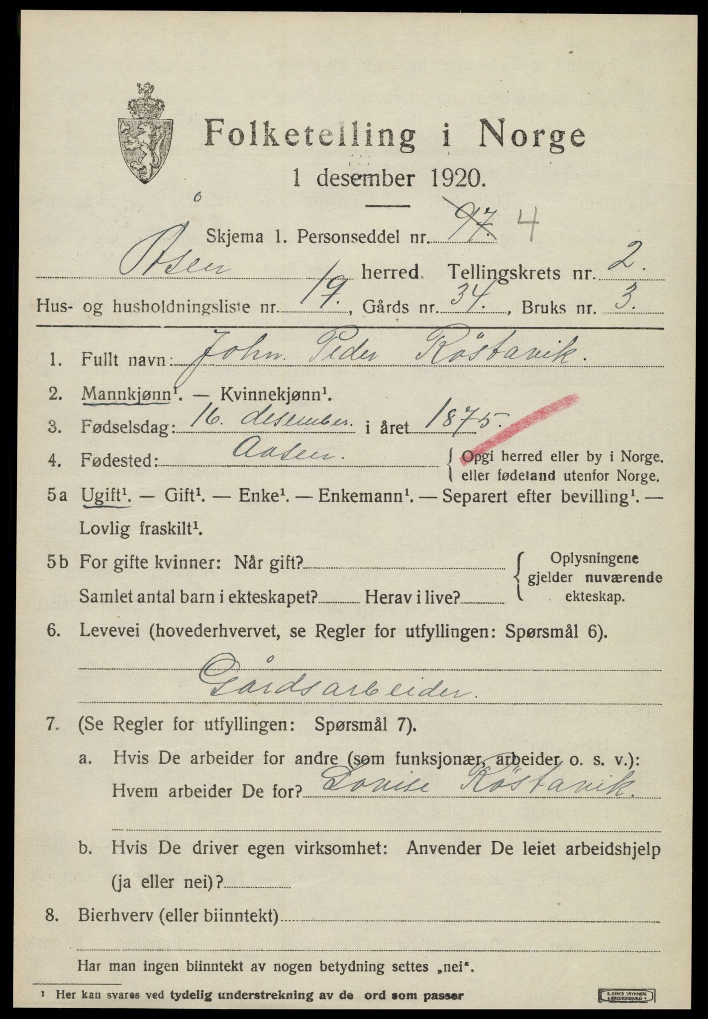 SAT, 1920 census for Åsen, 1920, p. 1900