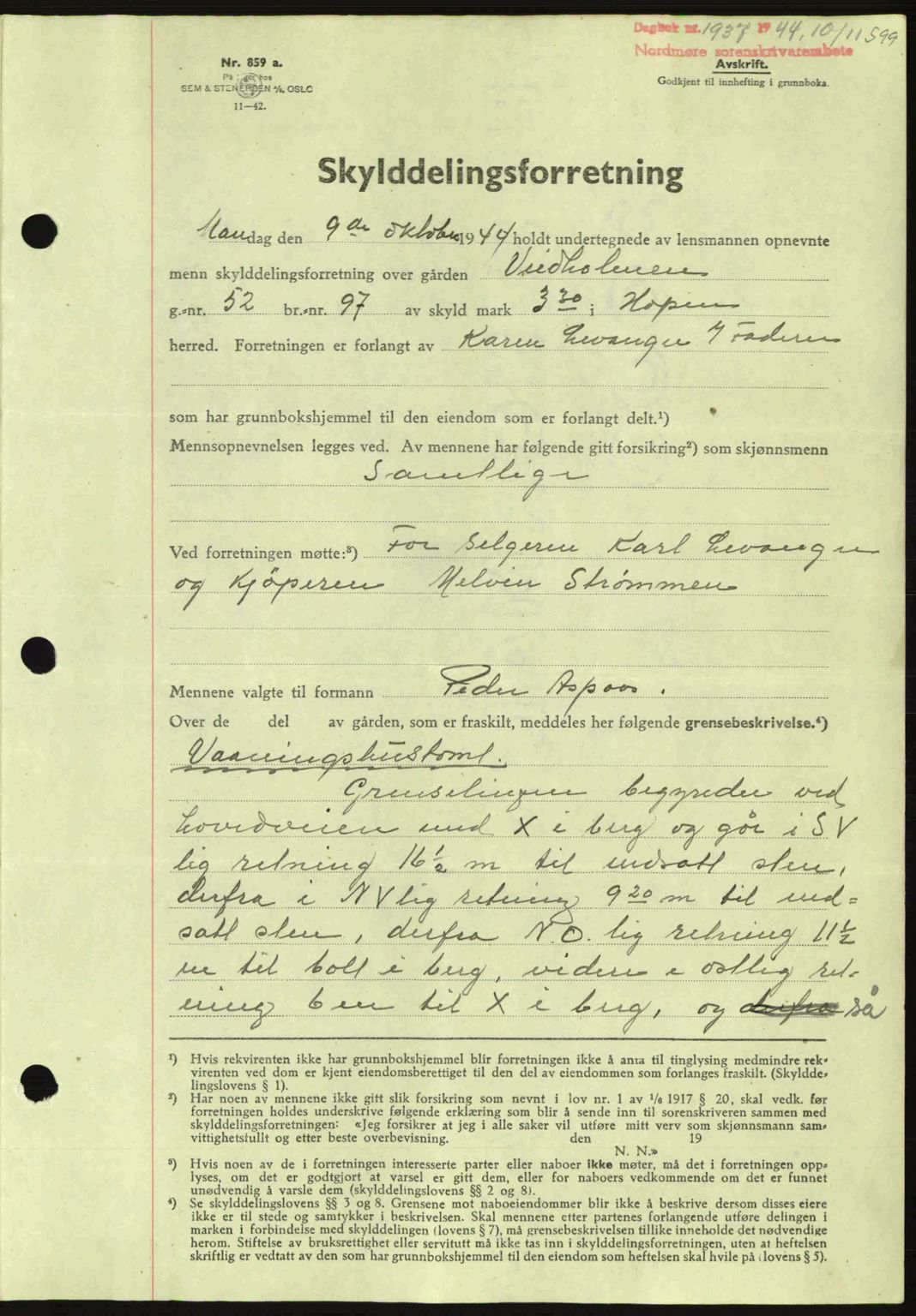 Nordmøre sorenskriveri, AV/SAT-A-4132/1/2/2Ca: Mortgage book no. A98, 1944-1944, Diary no: : 1937/1944