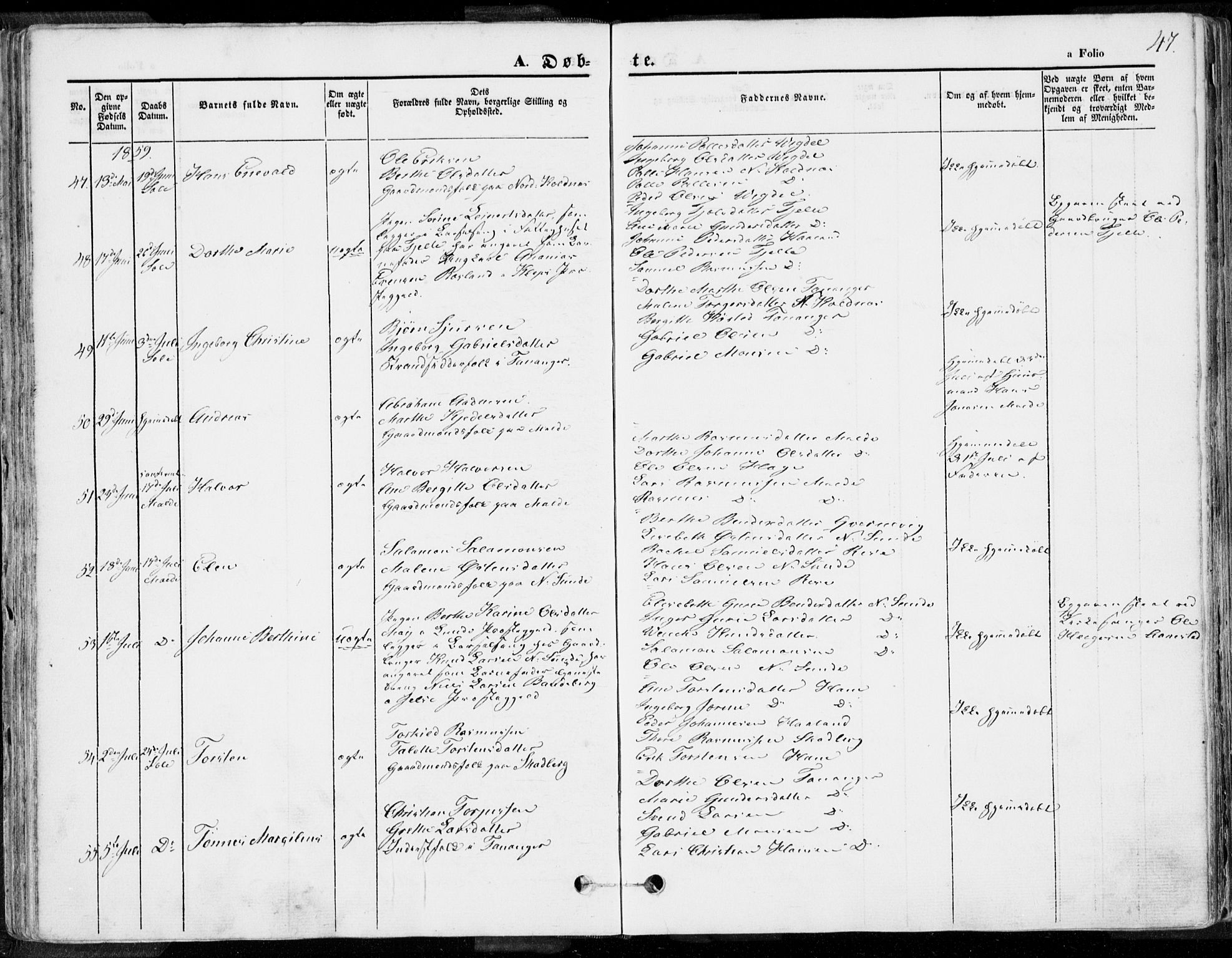 Håland sokneprestkontor, AV/SAST-A-101802/001/30BA/L0007: Parish register (official) no. A 7.1, 1854-1870, p. 47